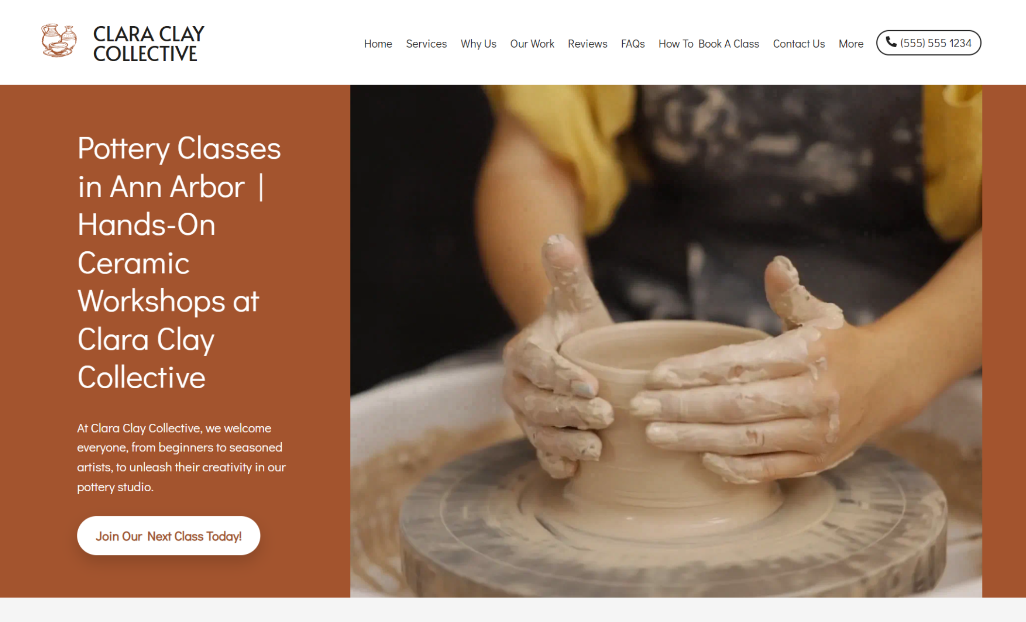 Clara Clay Collective homepage featuring hands shaping a clay pot on a wheel beside a warm-toned panel promoting hands-on ceramic workshops in Ann Arbor