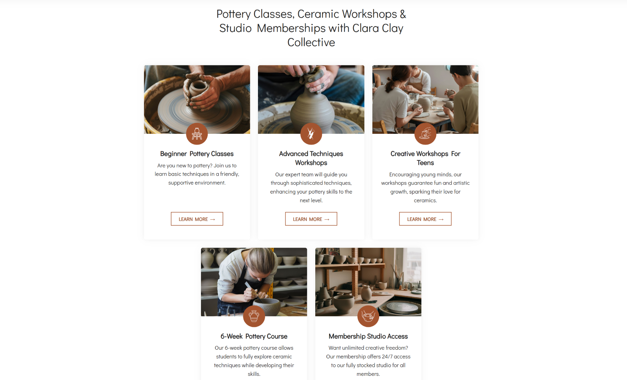 Clara Clay Collective services section highlighting pottery classes, advanced workshops, teen programs, and memberships with images of hands shaping clay and students working together