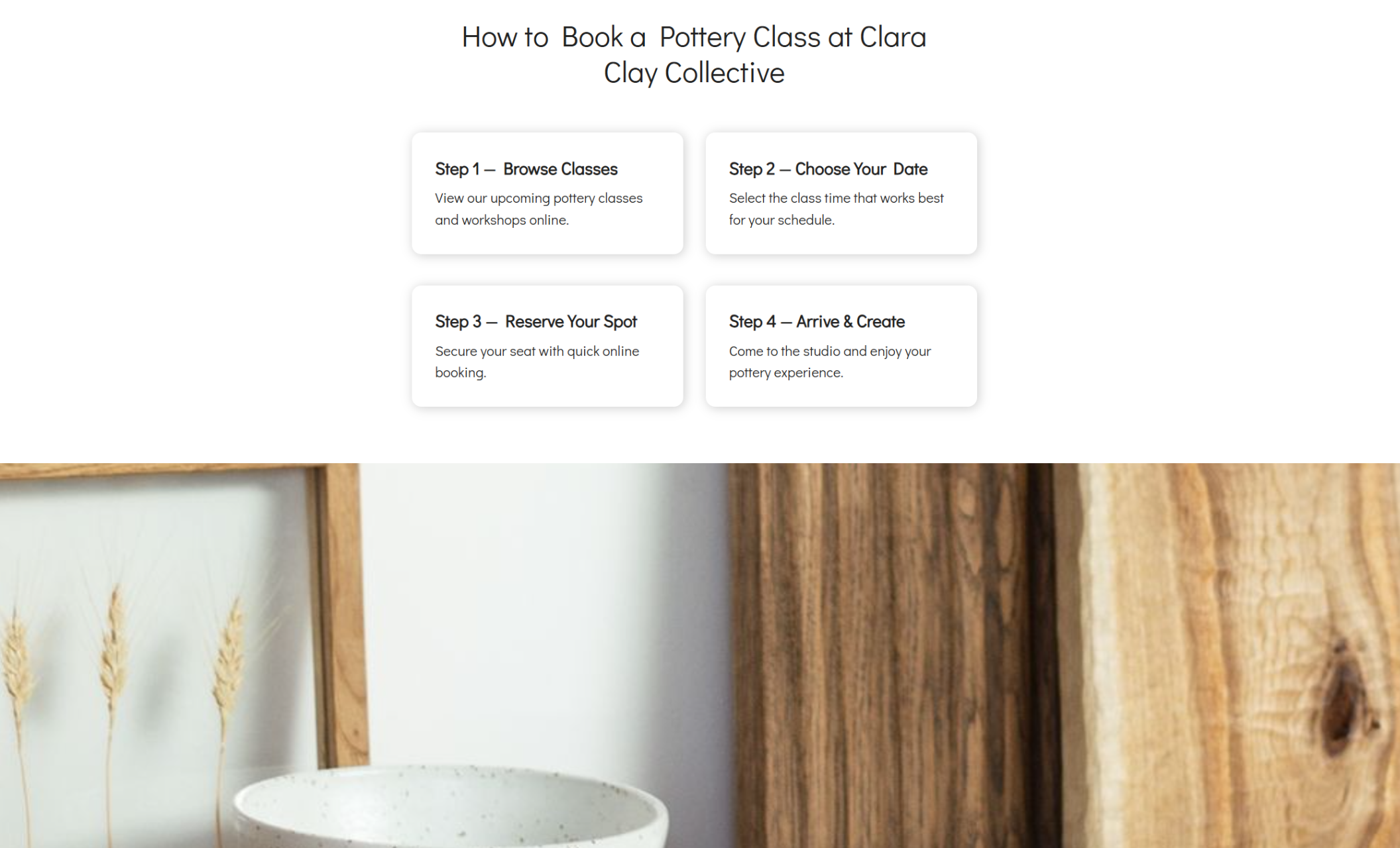 Clara Clay Collective booking section displaying four step-by-step cards explaining how to browse classes, choose a date, reserve a spot, and arrive at the studio