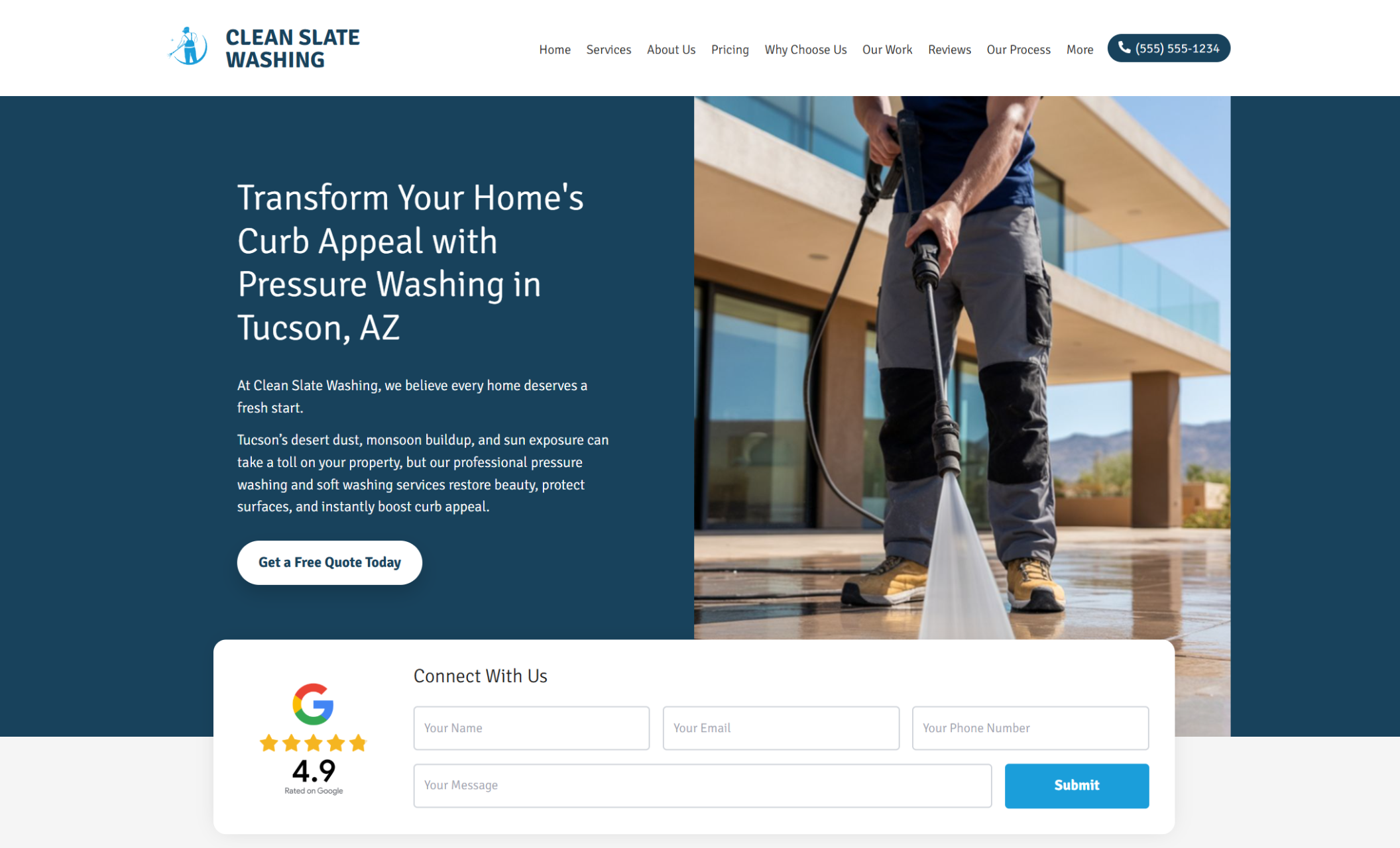 Clean Slate Washing homepage featuring a technician pressure washing a modern Tucson home beside the headline “Transform Your Home’s Curb Appeal with Pressure Washing in Tucson, AZ,” a “Get a Free Quote Today” button, and a contact form with a 4.9 Google rating badge