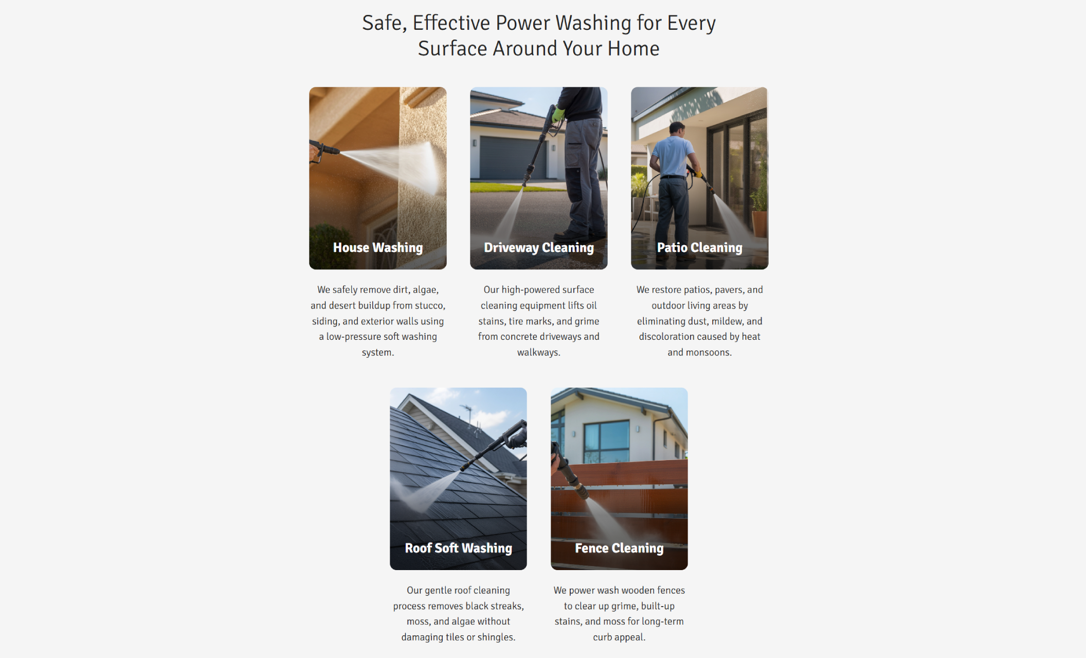 Clean Slate Washing services section titled “Safe, Effective Power Washing for Every Surface Around Your Home” displaying image cards for House Washing, Driveway Cleaning, Patio Cleaning, Roof Soft Washing, and Fence Cleaning with brief service descriptions below