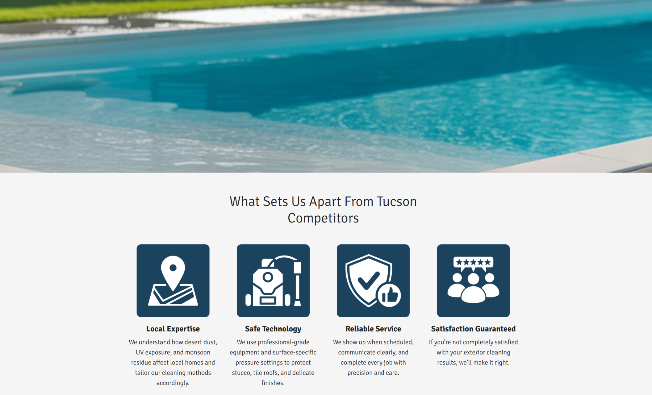 Clean Slate Washing “What Sets Us Apart From Tucson Competitors” section featuring four blue icon blocks labeled Local Expertise, Safe Technology, Reliable Service, and Satisfaction Guaranteed with short descriptive text beneath each