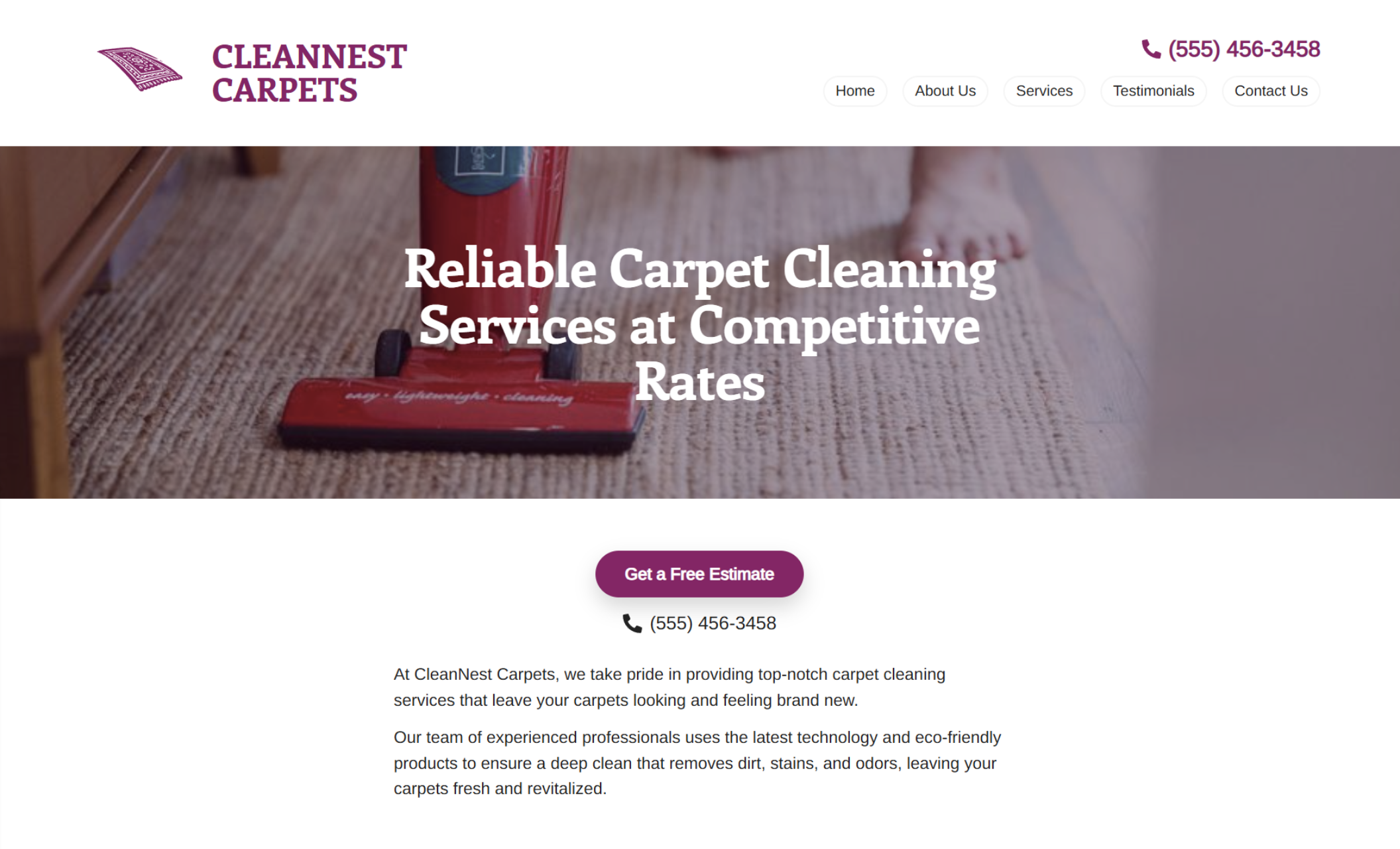 CleanNest Carpets' landing page featuring their logo, navigation menu, tagline about reliable carpet cleaning at competitive rates, and a close-up background image of someone vacuuming a carpet