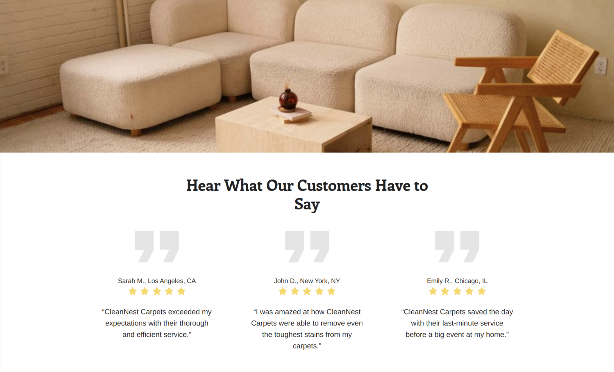 Image of a modern living room with a cream-colored sectional sofa and wooden accent chair above a testimonials section displaying three 5-star reviews