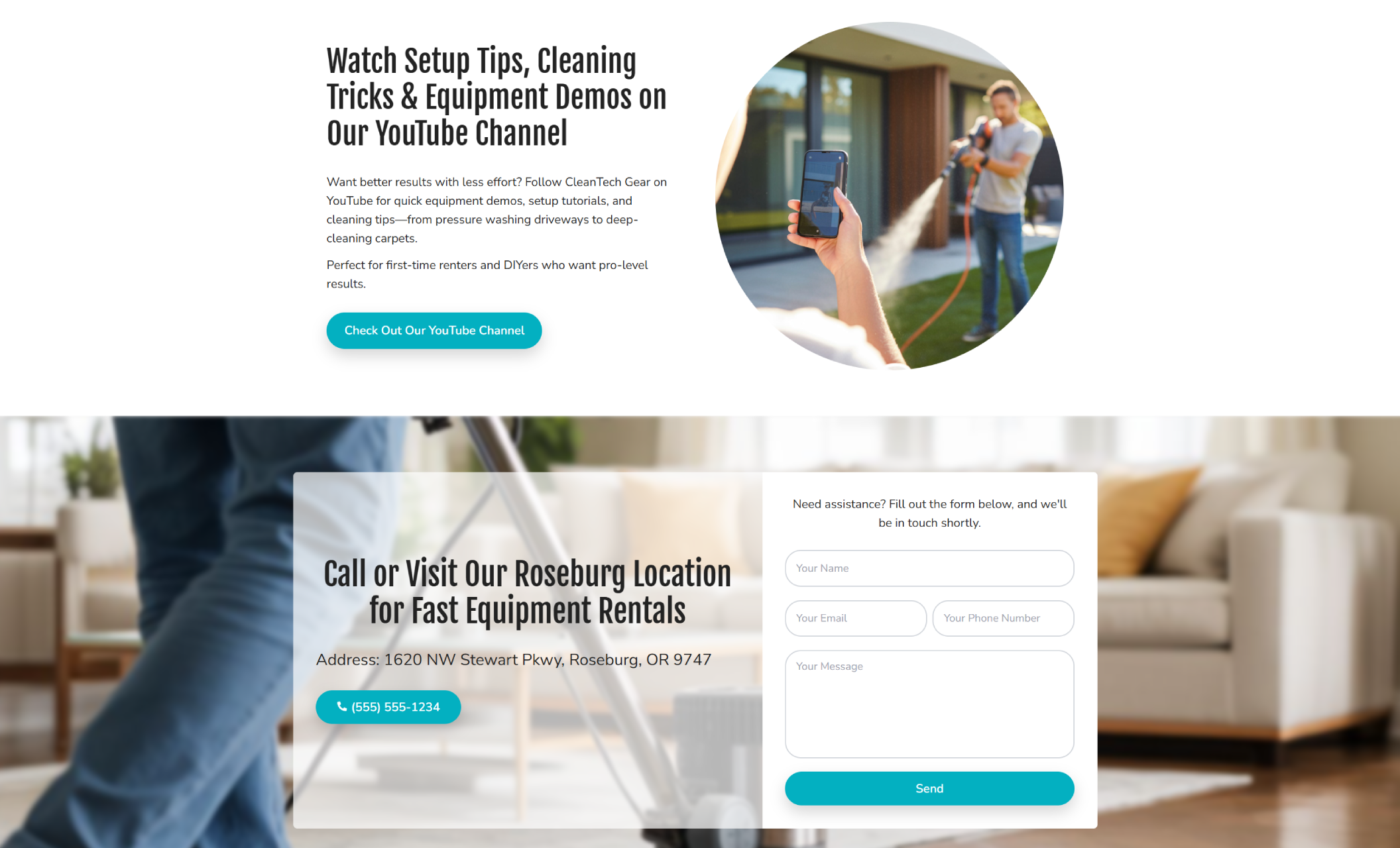 CleanTech Gear page section featuring the headline “Watch Setup Tips, Cleaning Tricks & Equipment Demos on Our YouTube Channel,” alongside a circular photo of a person filming someone pressure-washing outdoors and a teal button that says “Check Out Our YouTube Channel.”