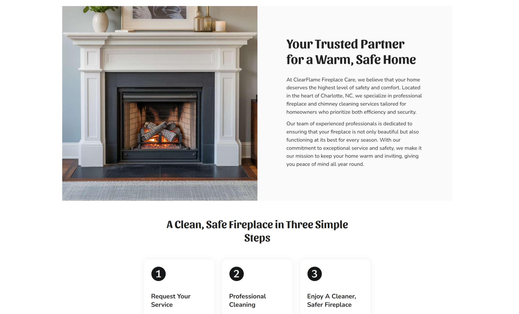 About section titled “Your Trusted Partner for a Warm, Safe Home” beside a bright white mantel fireplace with a lit fire and a three-step service process displayed below