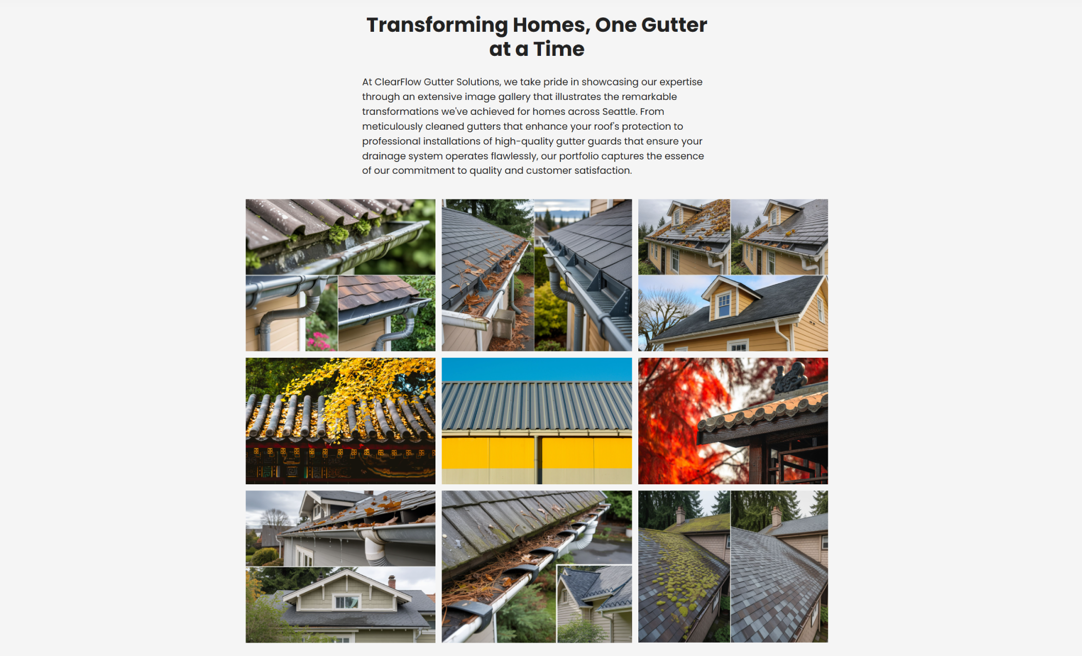 ClearFlow Gutter Solutions gallery section showing a large grid of gutter transformation images, including moss-covered gutters, leaf blockages, and freshly cleaned systems across Seattle homes