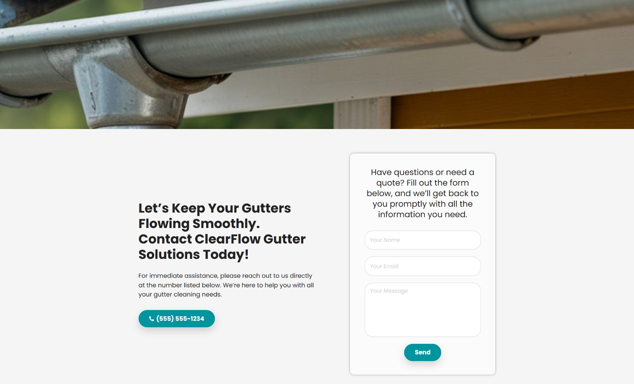 ClearFlow Gutter Solutions contact section with a close-up of a clean gutter and downspout, paired with the headline “Let’s Keep Your Gutters Flowing Smoothly” beside a teal call button and contact form