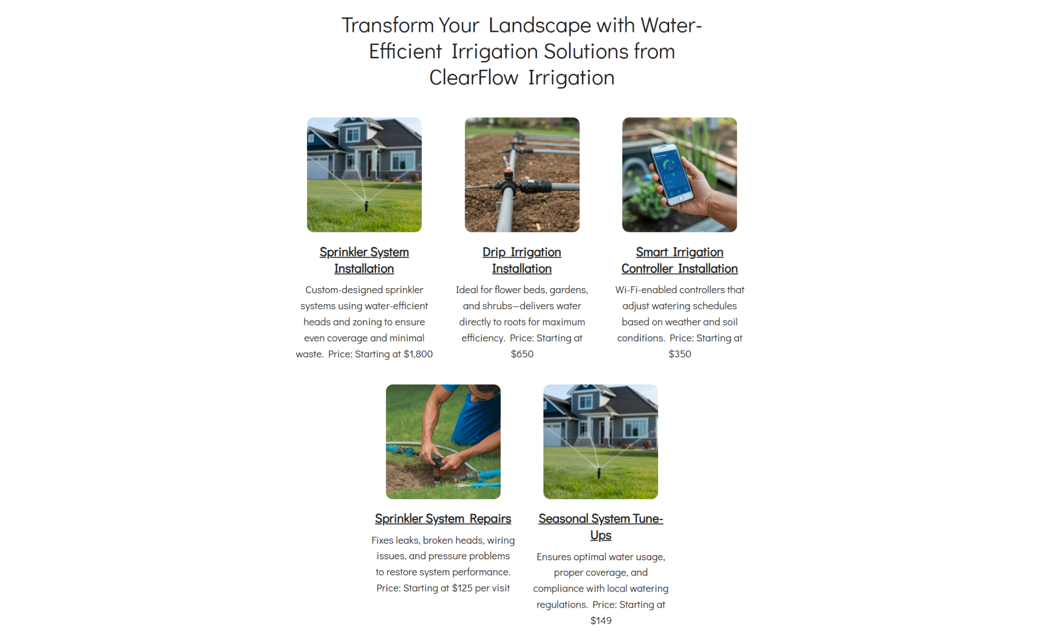 ClearFlow Irrigation services overview section presenting five service cards for sprinkler installation, drip irrigation, smart controller installation, system repairs, and seasonal tune-ups, each with an image, short description, and starting price