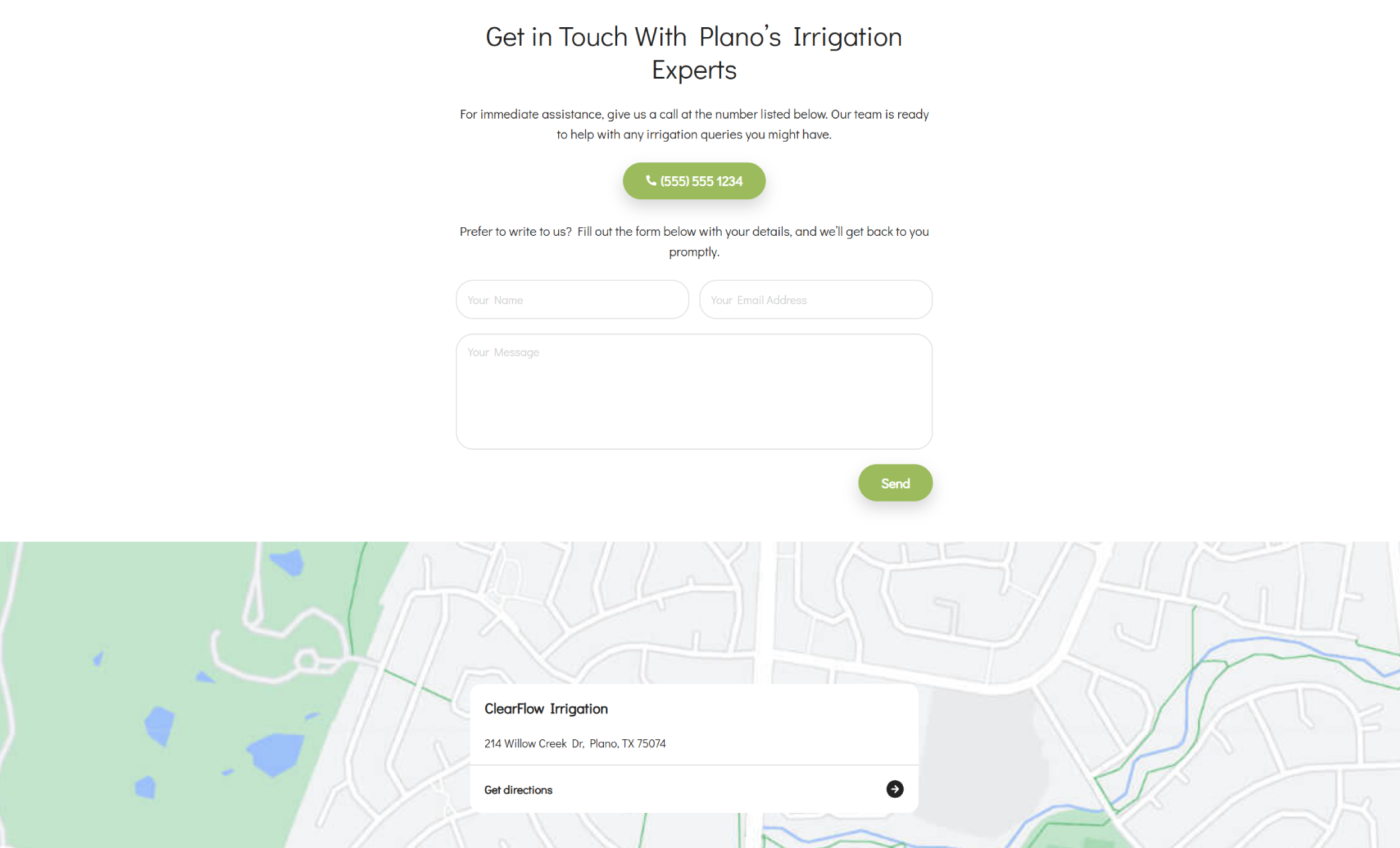 ClearFlow Irrigation contact section with the heading “Get in Touch With Plano’s Irrigation Experts,” a centered phone button, a simple contact form, and an embedded map showing the ClearFlow Irrigation location in Plano, Texas