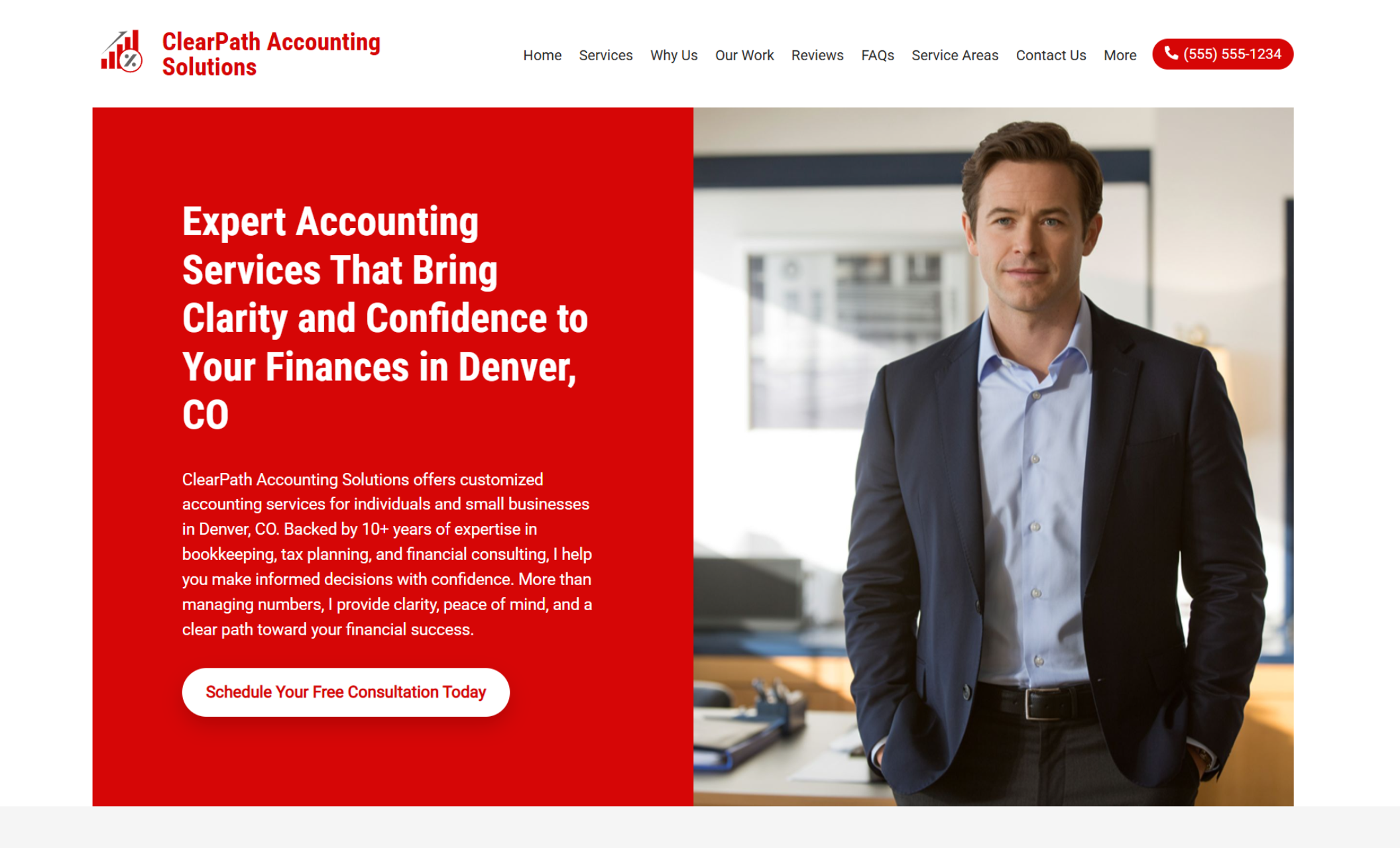 ClearPath Accounting Solutions homepage hero with a professional man in a navy suit standing confidently next to a bold red panel containing the headline “Expert Accounting Services That Bring Clarity and Confidence to Your Finances in Denver, CO.”