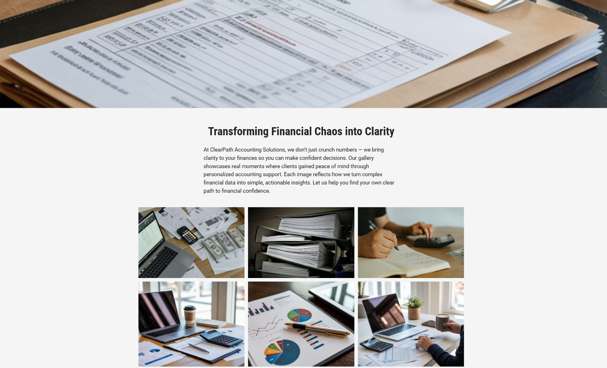 ClearPath Accounting gallery layout featuring a large top photo of a stack of financial documents on a clipboard and five smaller images below showing bookkeeping scenes, spreadsheets, charts, and hands-on financial work