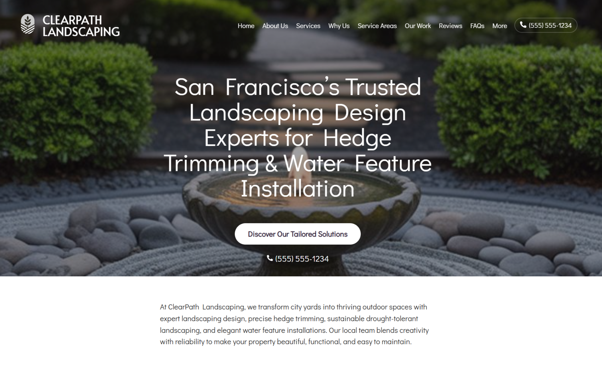 Homepage of ClearPath Landscaping featuring a background photo of a modern rock garden with a circular water fountain, headline text “San Francisco’s Trusted Landscaping Design Experts for Hedge Trimming & Water Feature Installation,” and a white button labeled “Discover Our Tailored Solutions.”