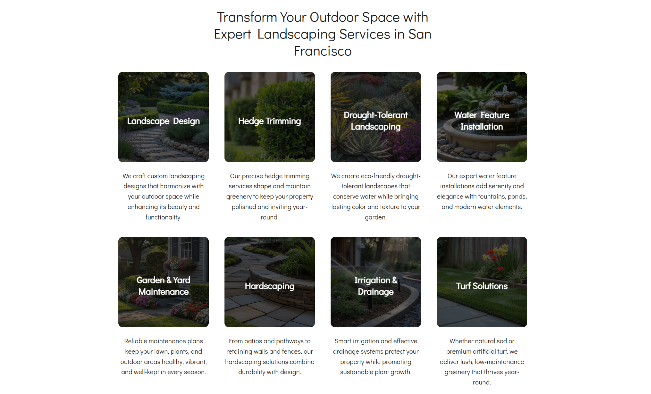 ClearPath Landscaping services section showing eight square photo cards for offerings like “Landscape Design,” “Hedge Trimming,” “Drought-Tolerant Landscaping,” and “Water Feature Installation,” each with a short descriptive caption