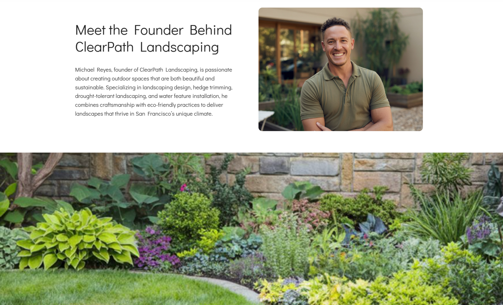 ClearPath Landscaping “Meet the Founder” section featuring a smiling man in a green polo shirt beside text introducing Michael Reyes, with a colorful garden background image below