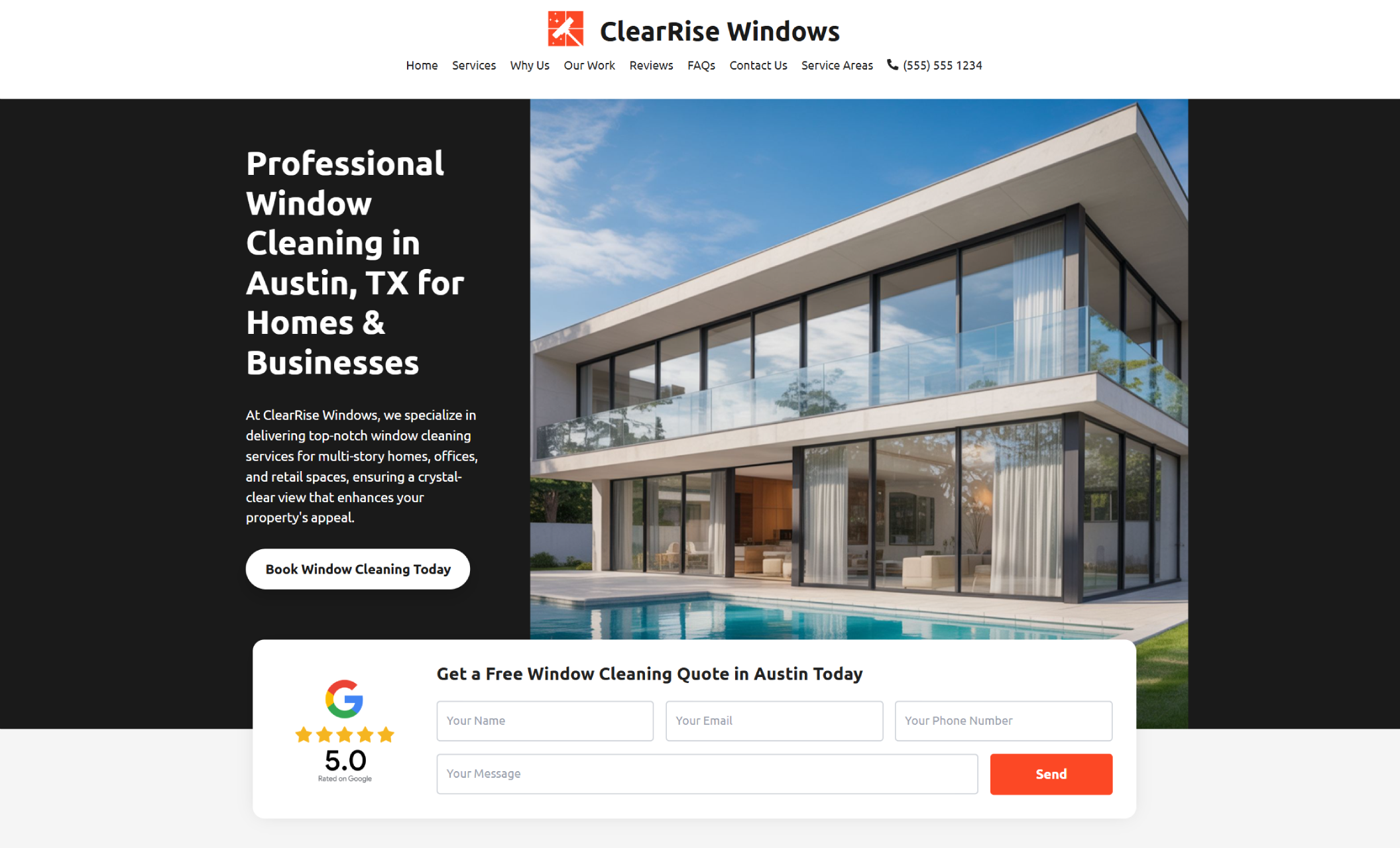 ClearRise Windows homepage hero showing a modern luxury home with large glass windows beside a bold headline “Professional Window Cleaning in Austin, TX for Homes & Businesses” and a booking button
