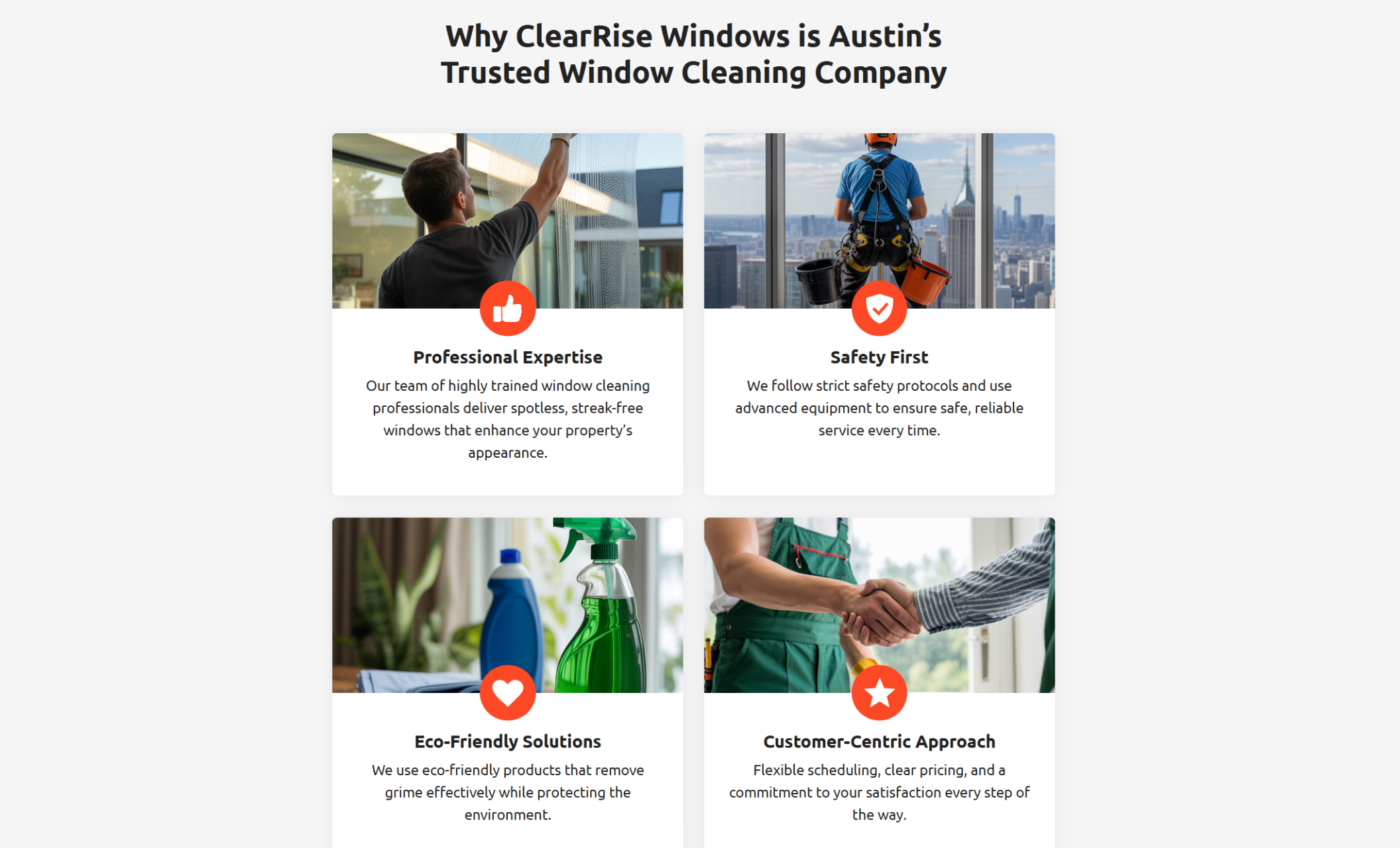 ClearRise Windows features section titled “Why ClearRise Windows is Austin’s Trusted Window Cleaning Company,” displaying icons and images for expertise, safety, eco-friendly solutions, and customer-focused service
