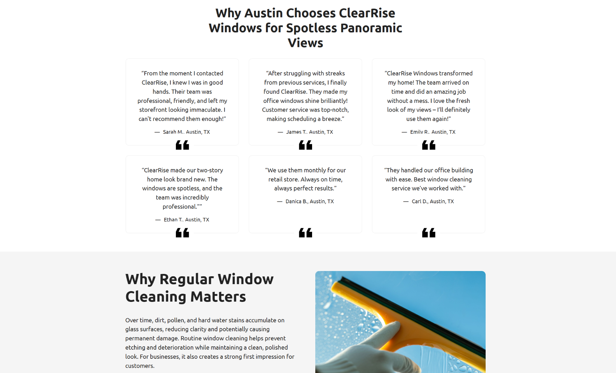 ClearRise Windows testimonials and service highlights section featuring customer quotes, a “Why Regular Window Cleaning Matters” text block, and a close-up image of a squeegee cleaning glass