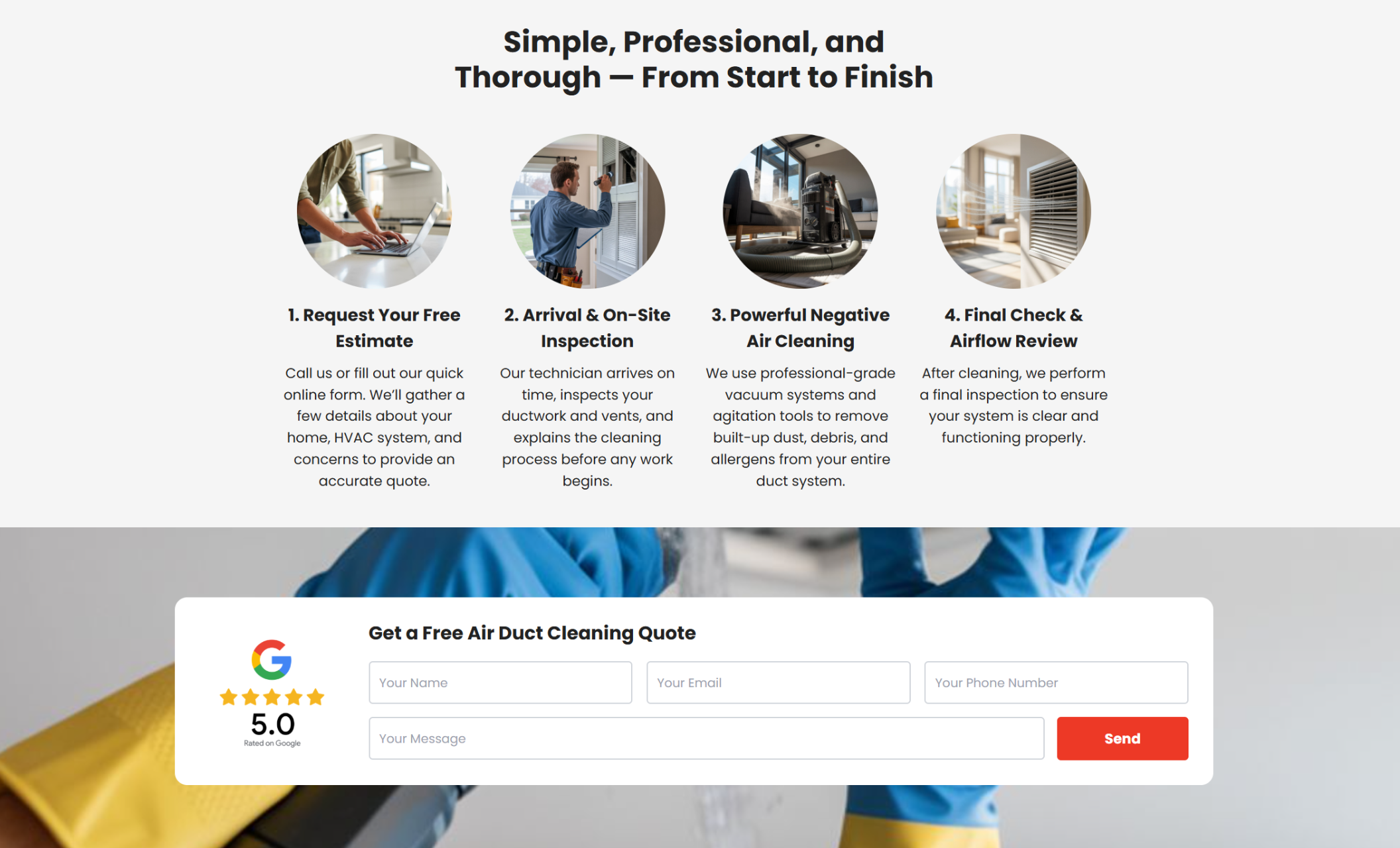 Air duct cleaning process section labeled “Simple, Professional, and Thorough — From Start to Finish” outlining four steps with circular images and a Google-rated quote form below