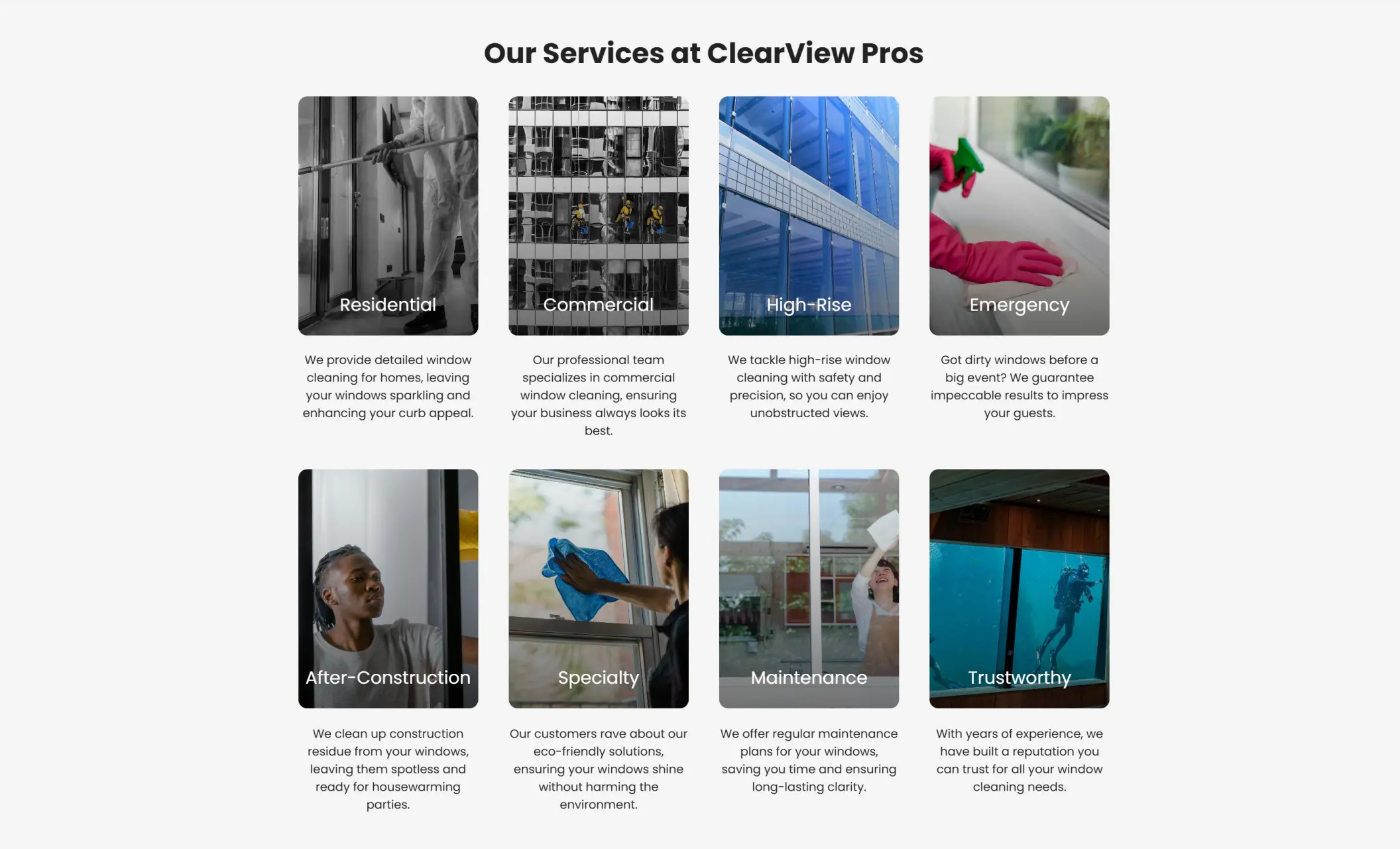 ClearView Pros' website section displaying available services, including residential, commercial, high-rise- emergency, after-construction, specialty, maintenance, and trustworthy