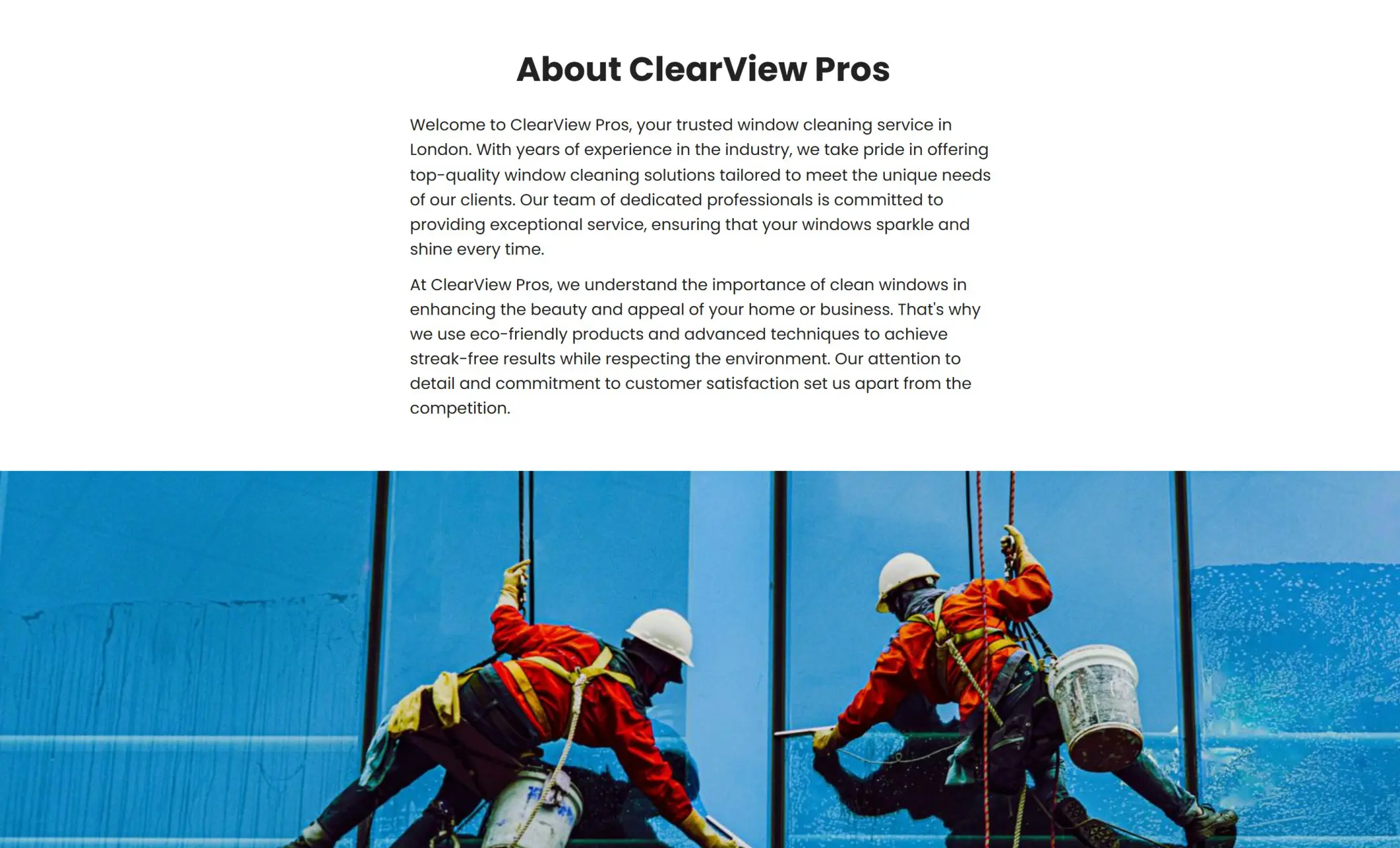 ClearView Pros' website displaying the "About ClearView Pros" section, and an image of two men cleaning building's windows