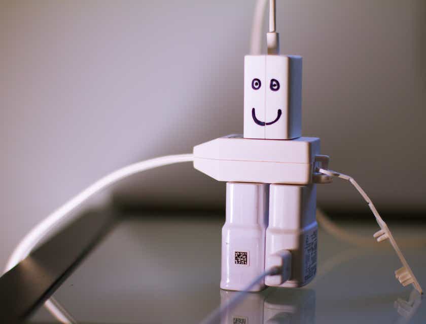 A clever design of a robot made of phone chargers.