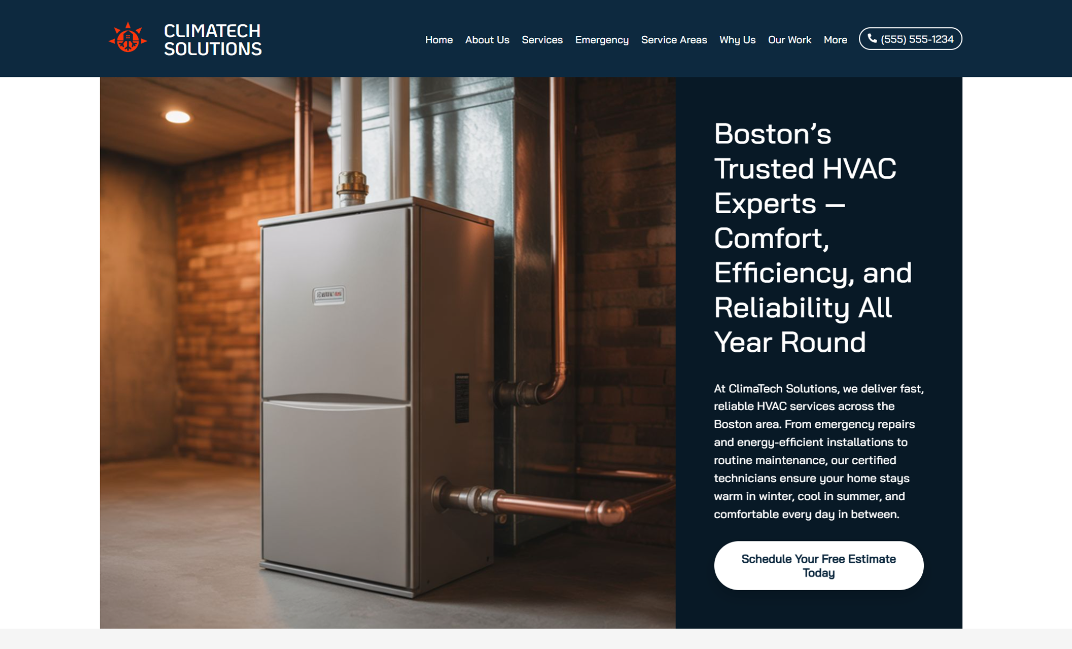ClimaTech Solutions homepage featuring a silver furnace against a brick wall beside the headline “Boston’s Trusted HVAC Experts — Comfort, Efficiency, and Reliability All Year Round” and a white button labeled “Schedule Your Free Estimate Today.”
