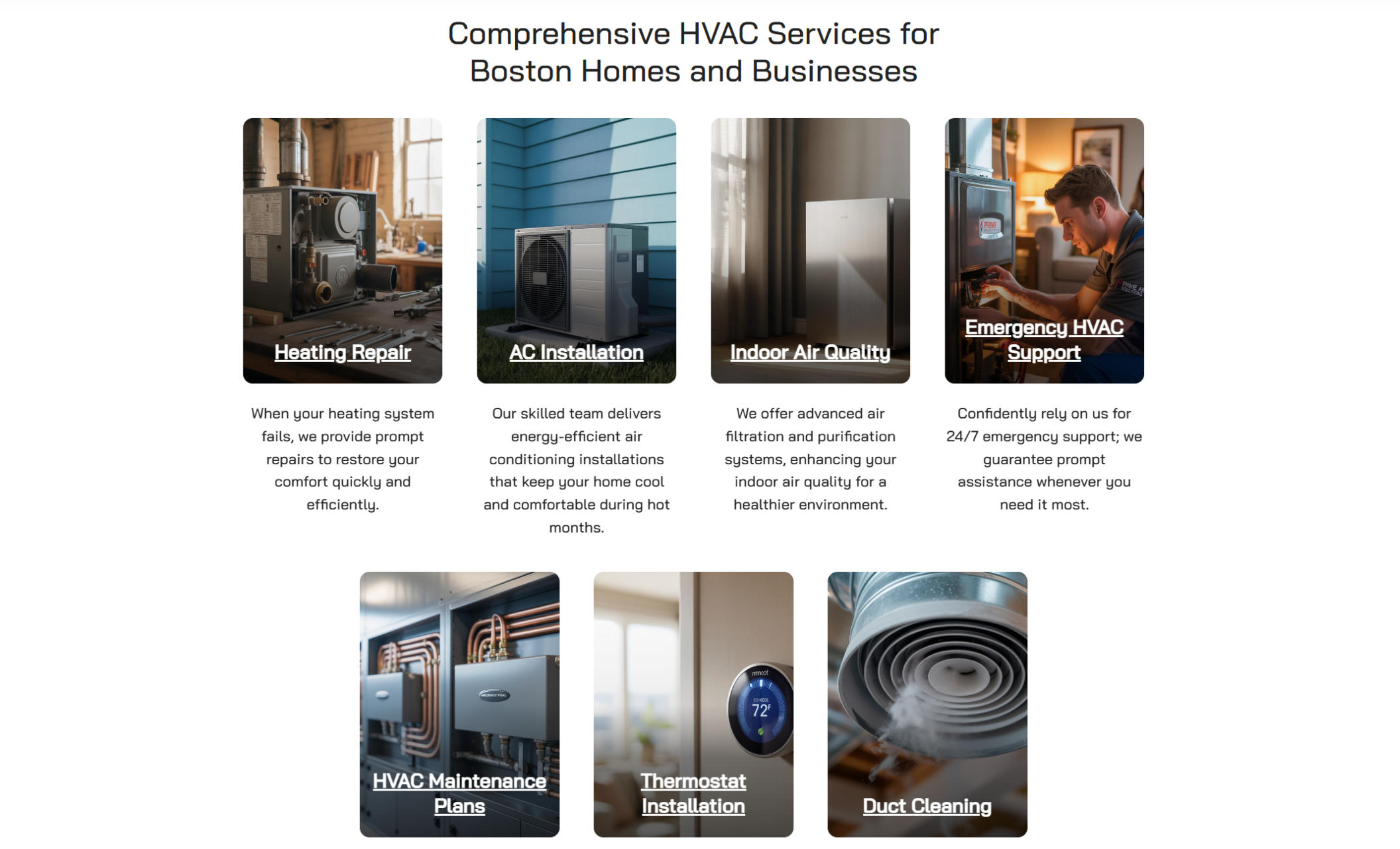 ClimaTech Solutions services section featuring six rectangular images labeled “Heating Repair,” “AC Installation,” “Indoor Air Quality,” “Emergency HVAC Support,” “HVAC Maintenance Plans,” “Thermostat Installation,” and “Duct Cleaning.”