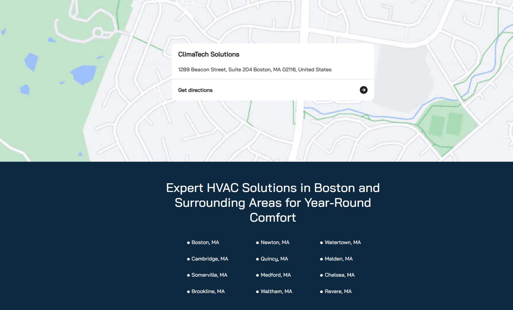 ClimaTech Solutions service area map showing the Boston location with a white pin labeled “ClimaTech Solutions” and a dark-blue footer listing nearby Massachusetts cities served, including Cambridge, Brookline, and Newton