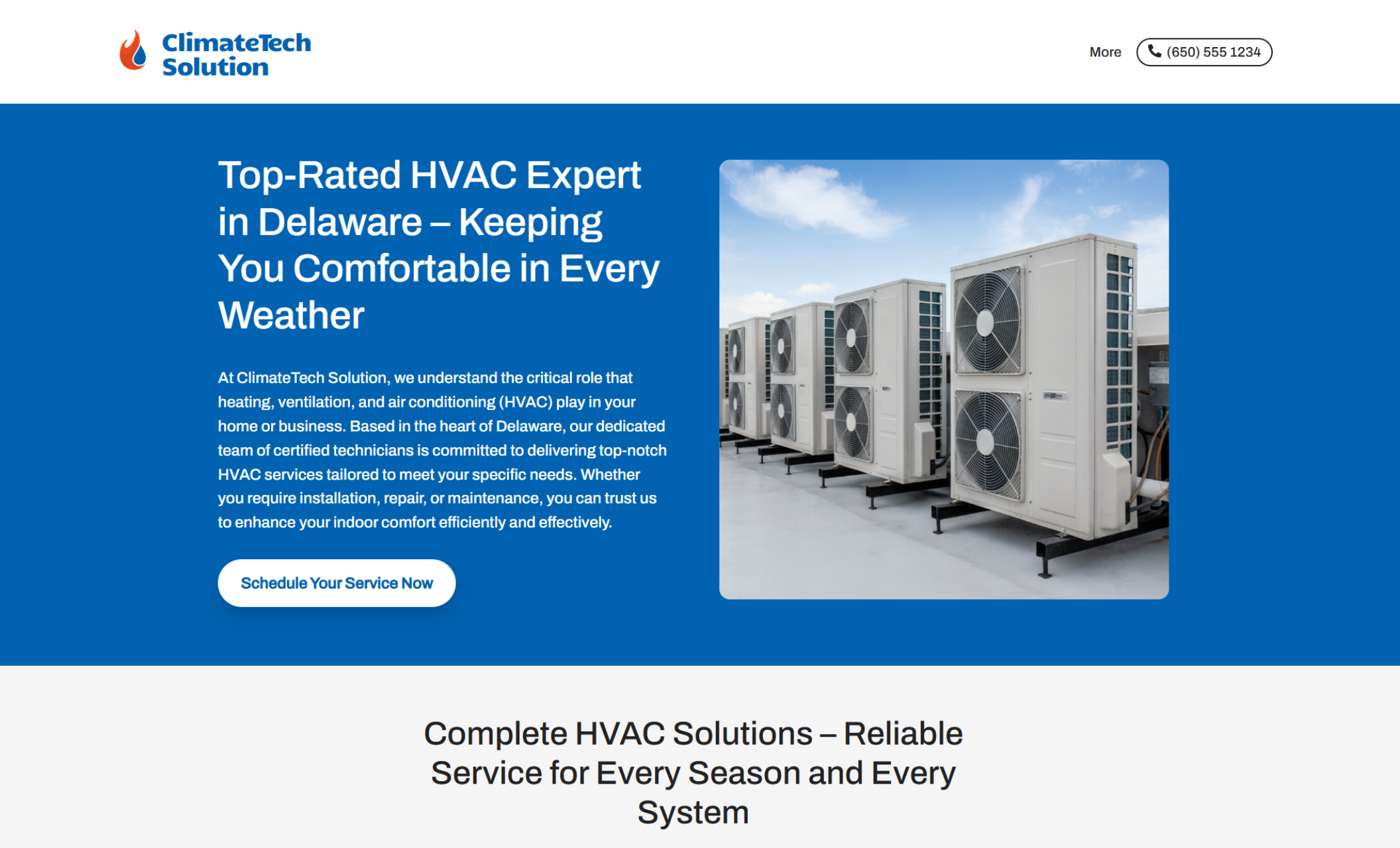 ClimateTech Solution homepage showing large HVAC units alongside the headline “Top-Rated HVAC Expert in Delaware – Keeping You Comfortable in Every Weather” with a white button labeled “Schedule Your Service Now.”
