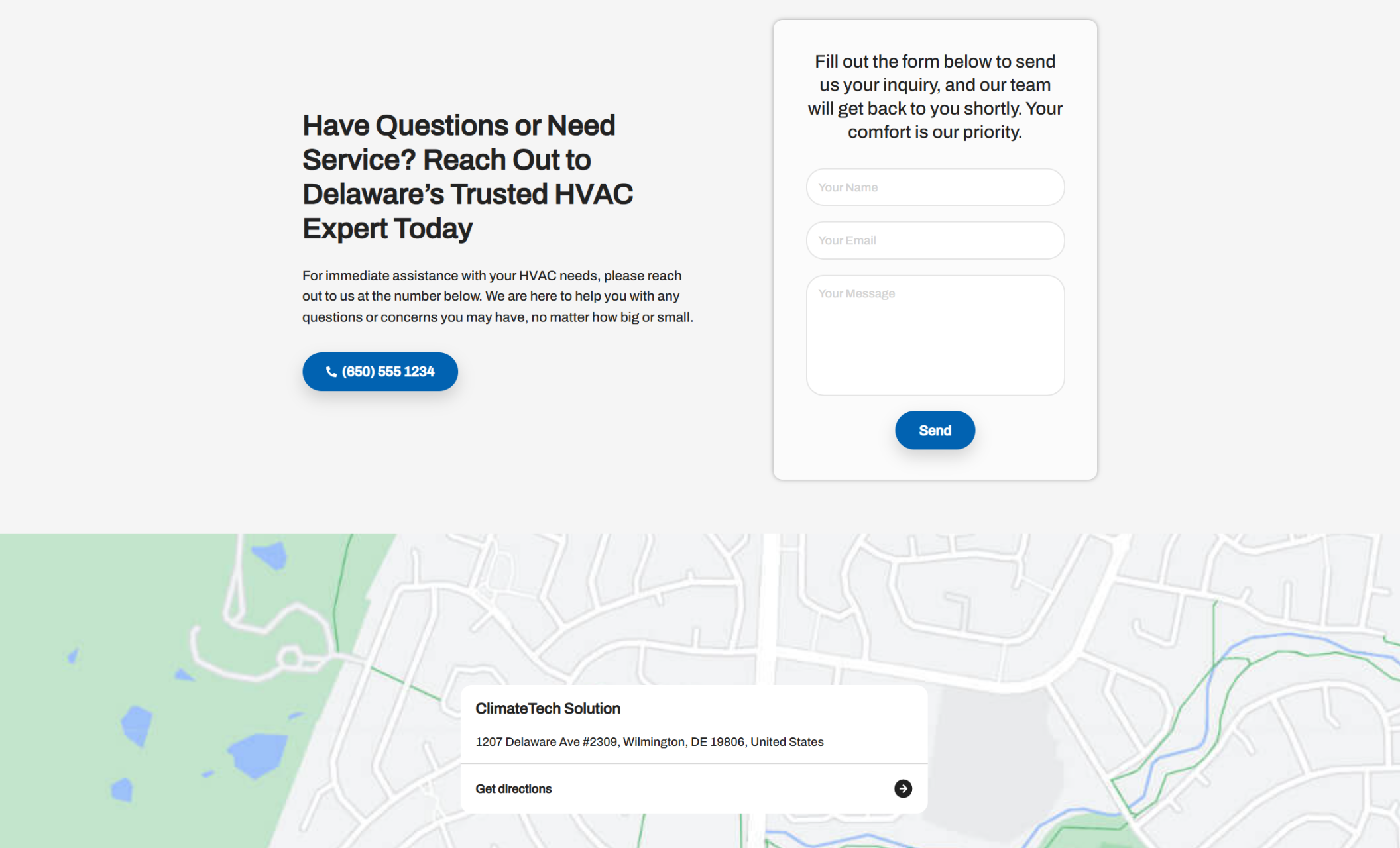 ClimateTech Solution webpage featuring a contact form and call-to-action text that reads “Have Questions or Need Service? Reach Out to Delaware’s Trusted HVAC Expert Today” with a phone number and map of Wilmington, Delaware.