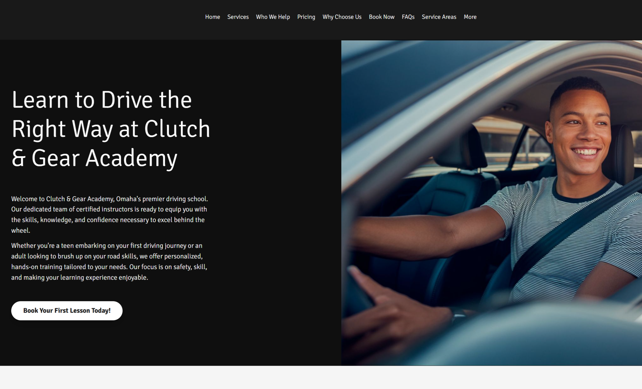 Clutch & Gear Academy homepage featuring the headline “Learn to Drive the Right Way at Clutch & Gear Academy” with a smiling young man behind the wheel and a white call-to-action button that reads “Book Your First Lesson Today!”