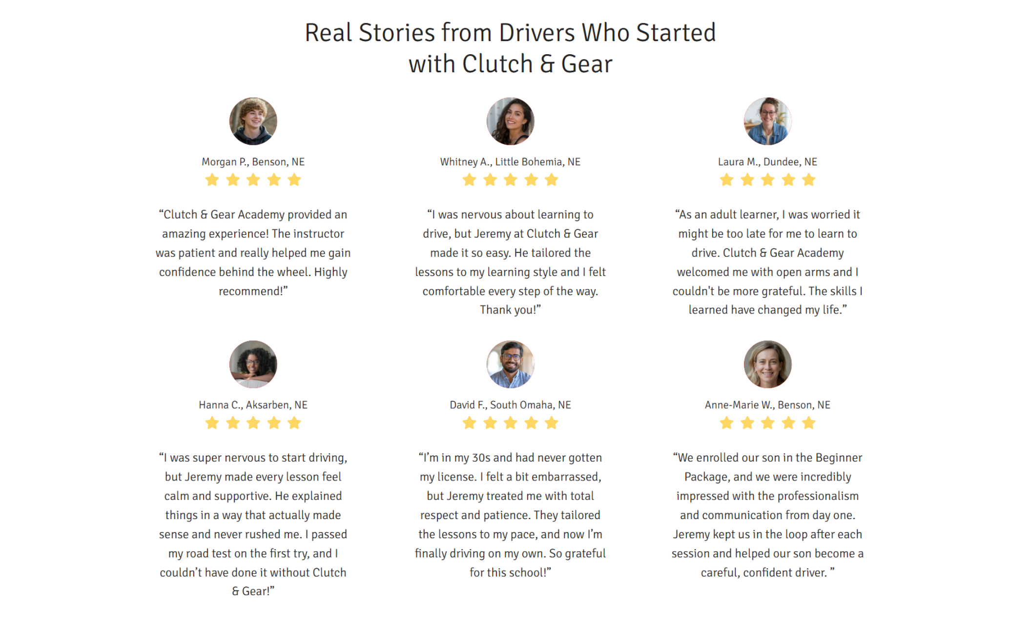 Clutch & Gear Academy testimonials section under the heading “Real Stories from Drivers Who Started with Clutch & Gear,” showing six customer photos with five-star reviews from students and parents across Omaha neighborhoods