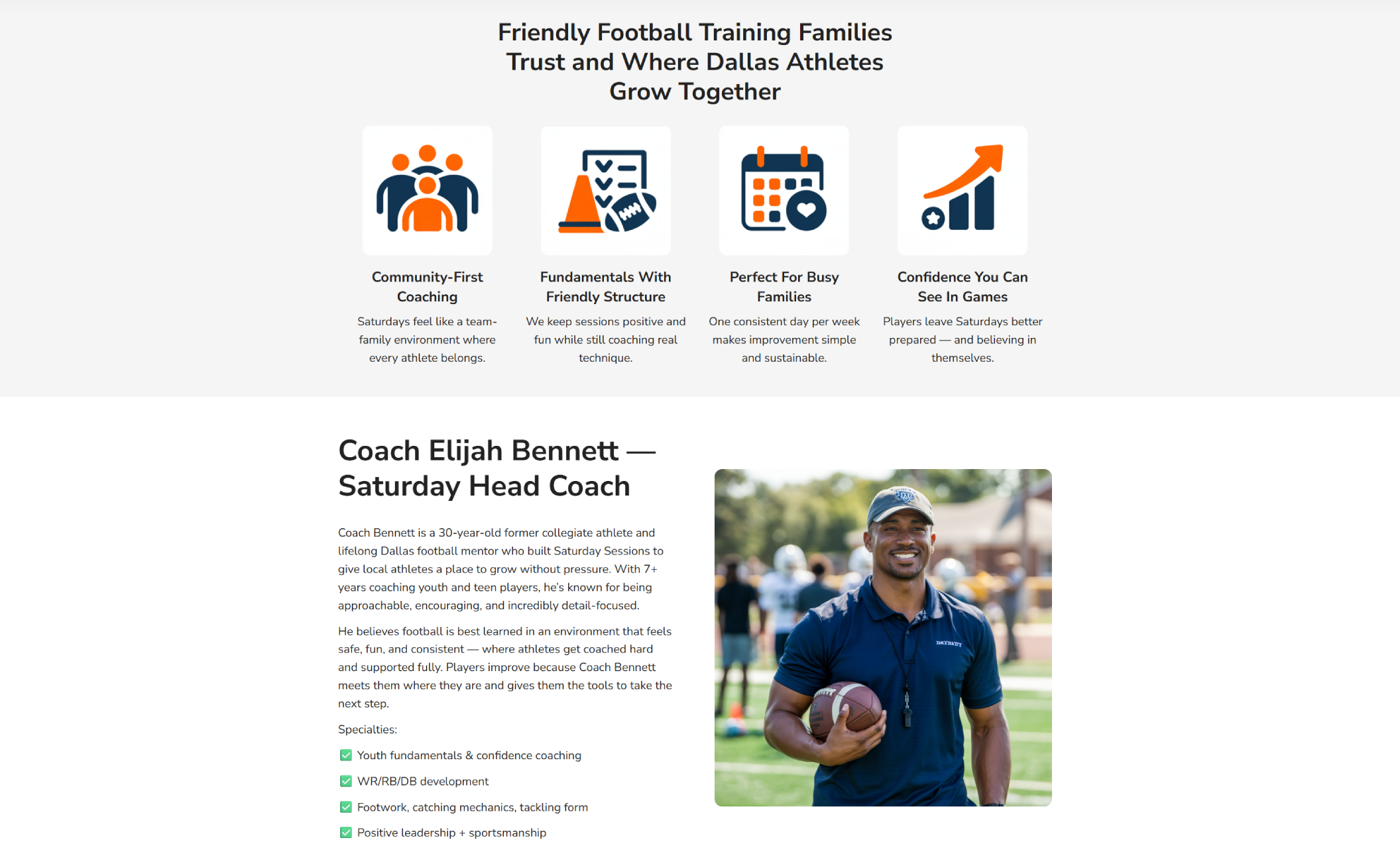 Coach Bennett Saturday Sessions “Why Us” section featuring four illustrated icons for community coaching, fundamentals, family-friendly scheduling, and confidence-building, followed by a coach bio with a portrait of Coach Elijah Bennet holding a football on the field