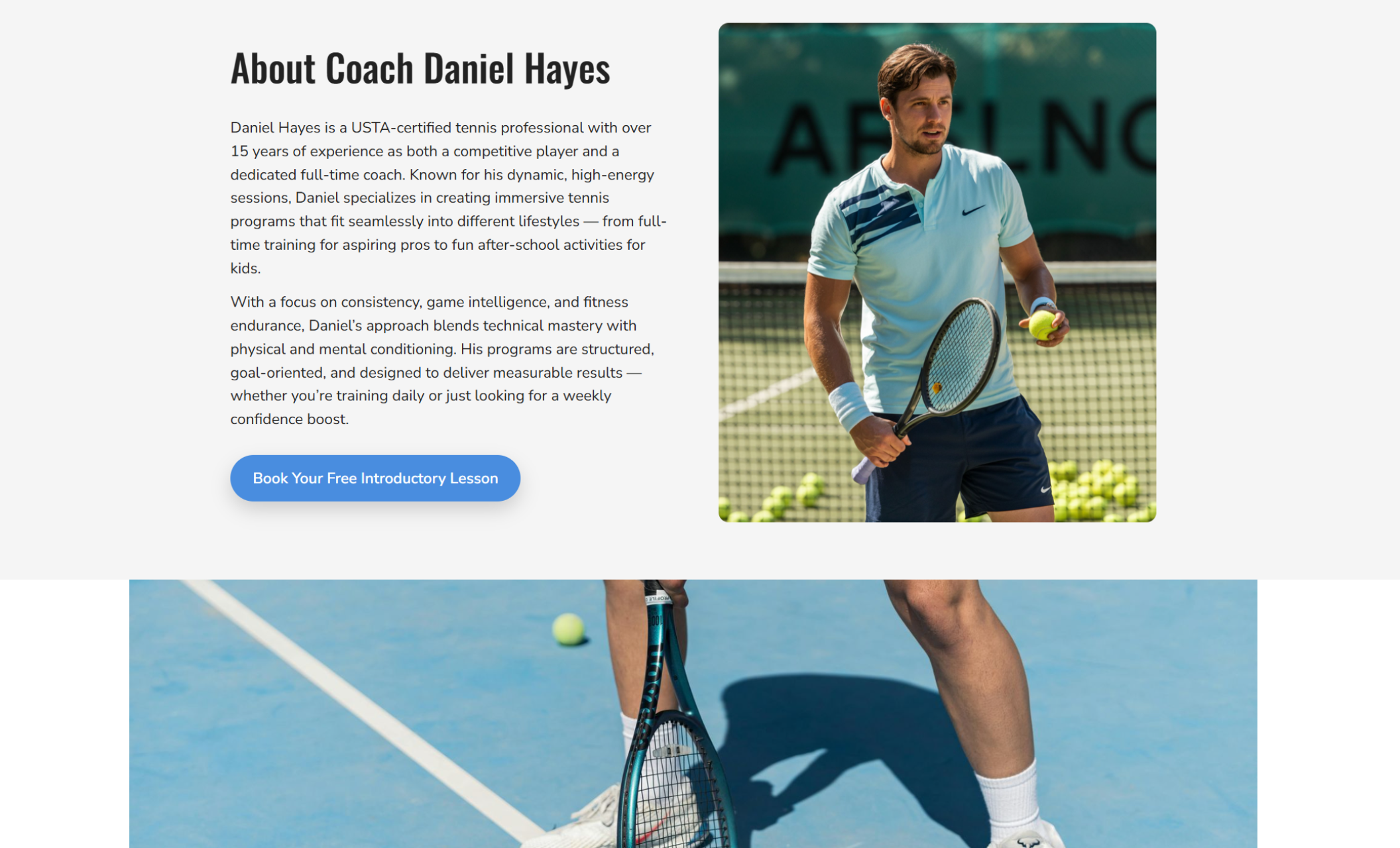 Coach Daniel Hayes about section featuring a portrait of Coach Daniel in a light blue polo holding a tennis racquet and ball, beside text describing his 15 years of coaching and competitive experience