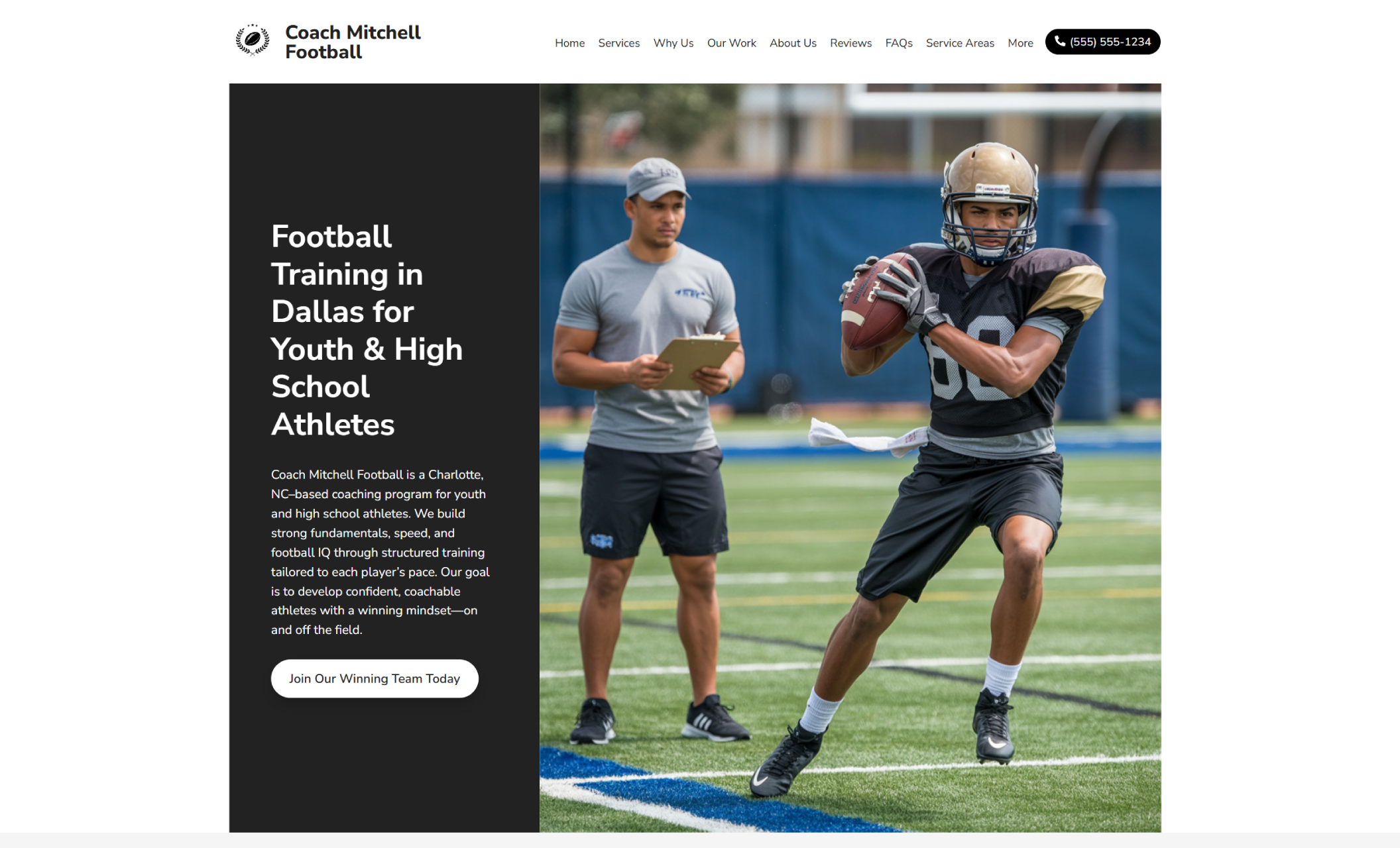 Coach Mitchell Football homepage featuring a young athlete running with a football during practice beside a black text panel titled “Football Training in Dallas for Youth & High School Athletes” with a white call-to-action button that says “Join Our Winning Team Today.”