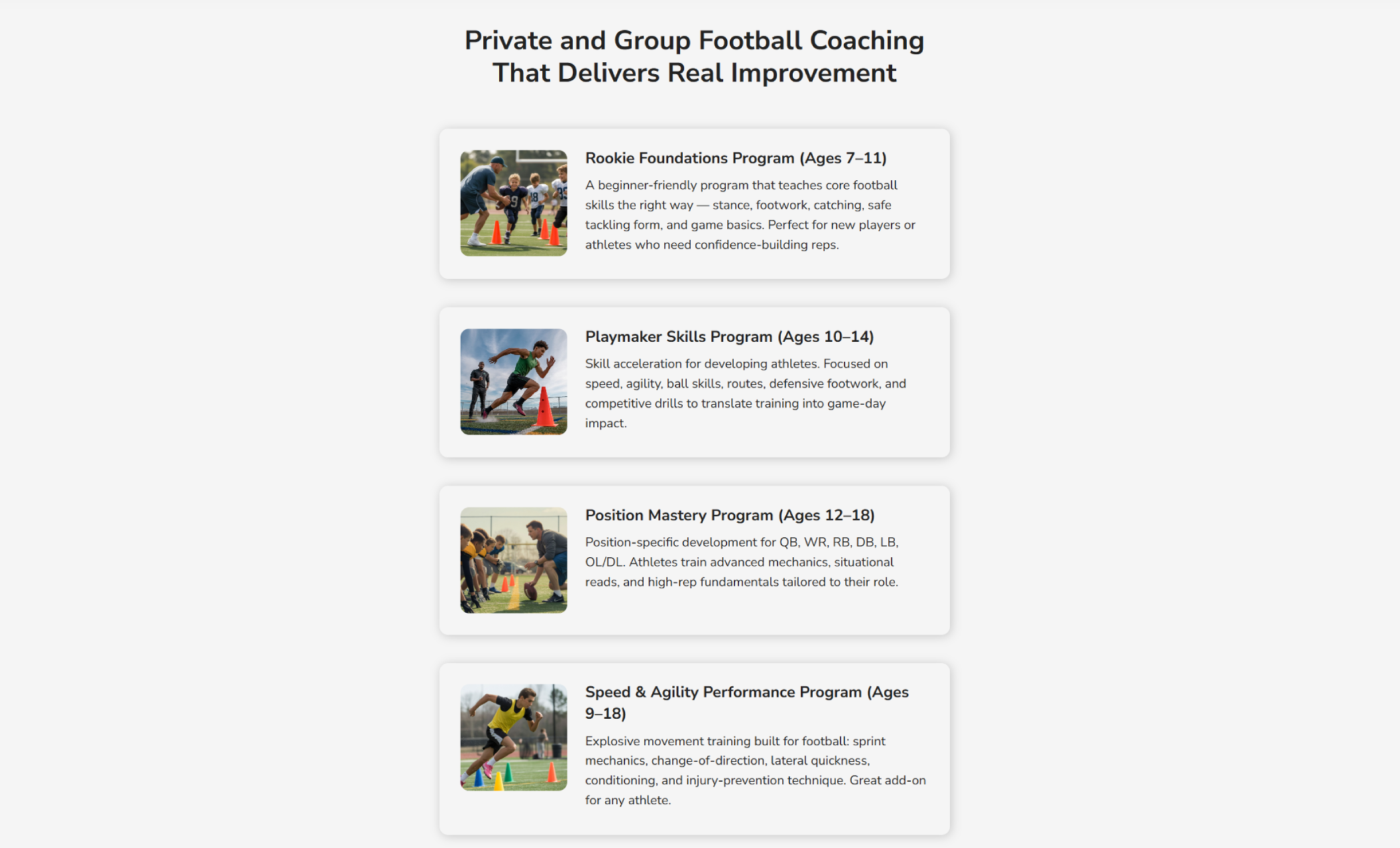 Coach Mitchell Football programs section showcasing four training options—Rookie Foundations, Playmaker Skills, Position Mastery, and Speed & Agility—each with a photo of young athletes performing drills beside detailed descriptions of the program’s focus and age range