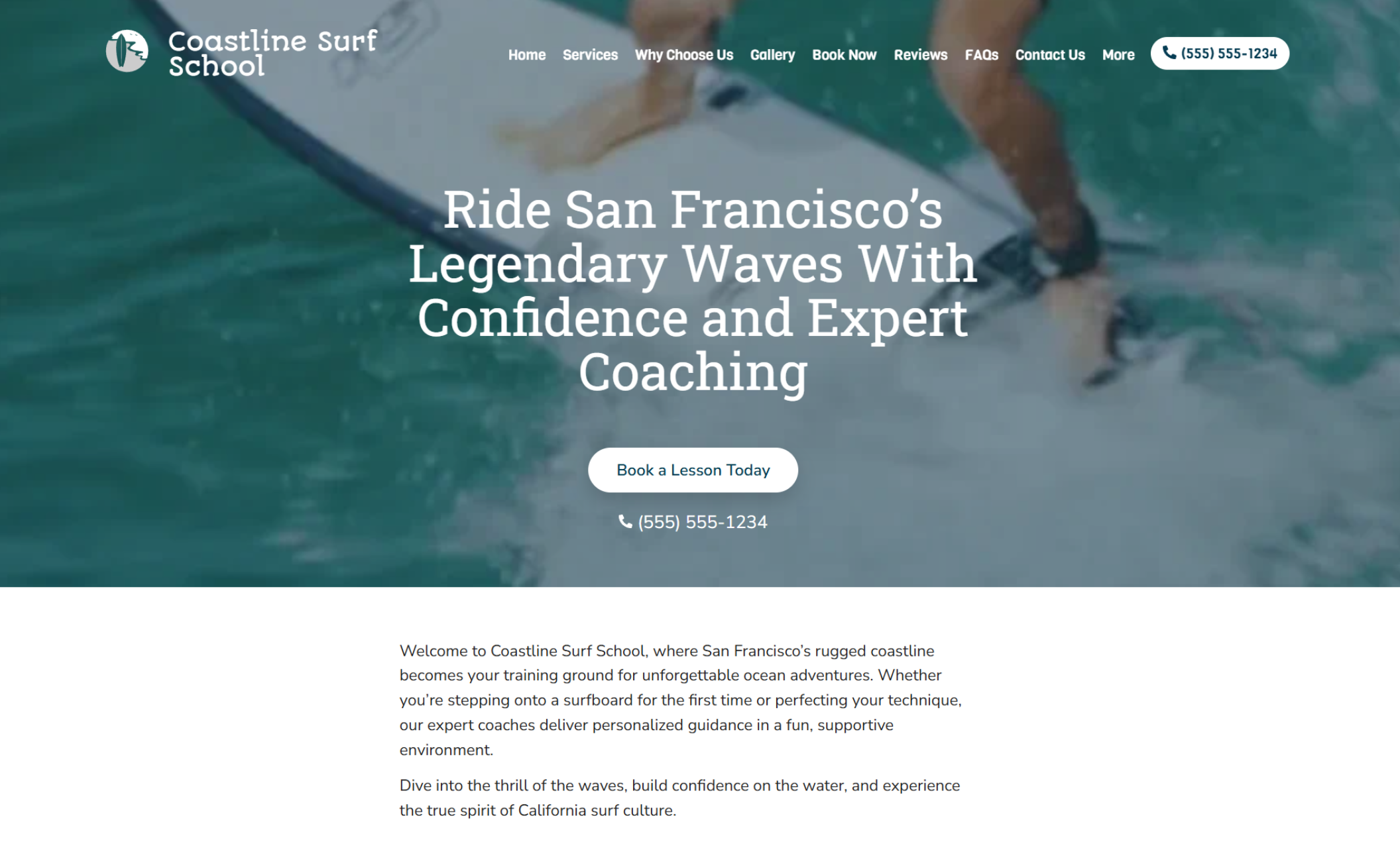 Coastline Surf School homepage hero displaying a dynamic close-up of a surfer’s feet on a board cutting through turquoise water beneath the headline ‘Ride San Francisco’s Legendary Waves With Confidence and Expert Coaching.’