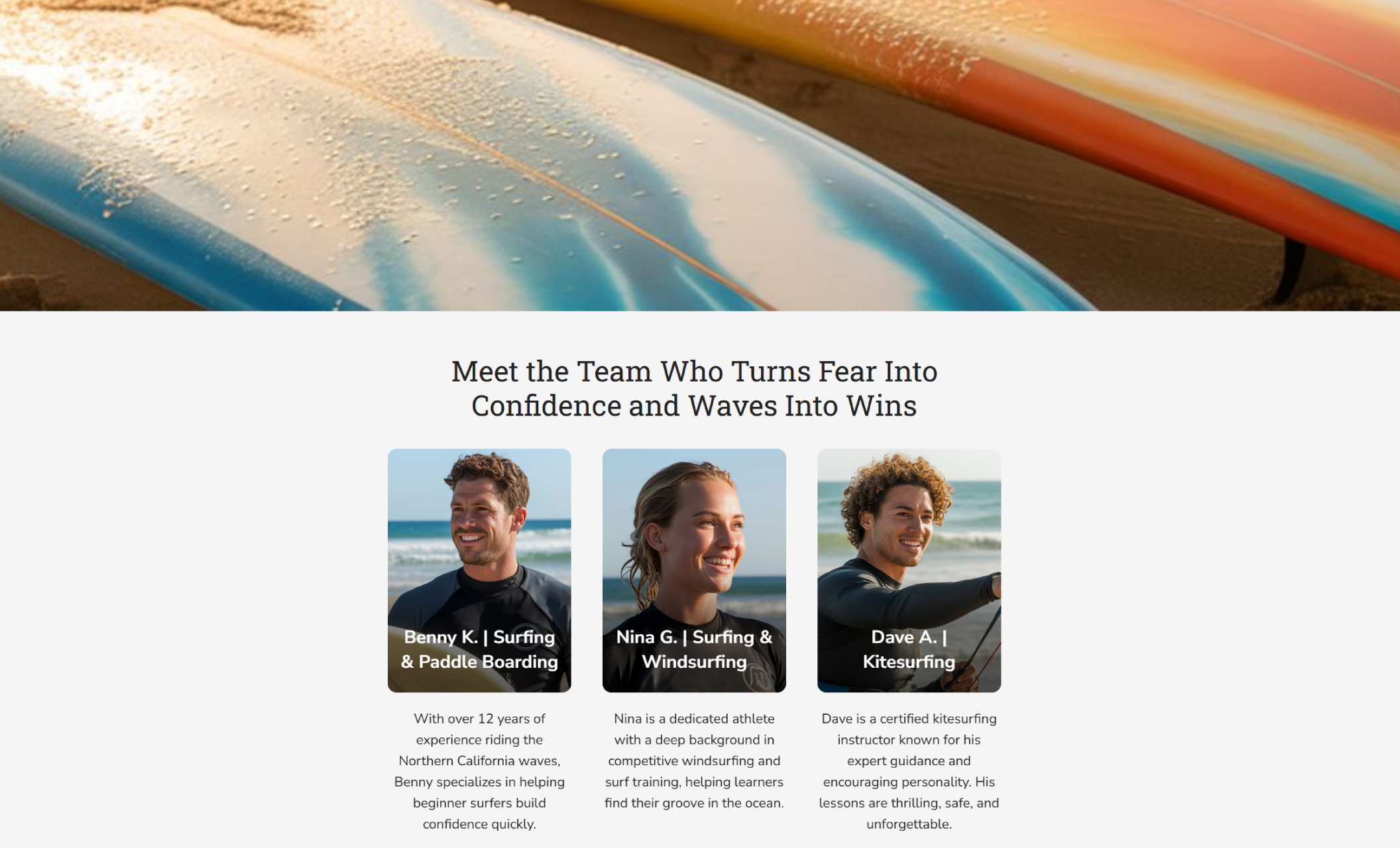 Coastline Surf School team section showing three surf instructors—Benny, Nina, and Dave—smiling by the ocean beneath the headline ‘Meet the Team Who Turns Fear Into Confidence and Waves Into Wins.’