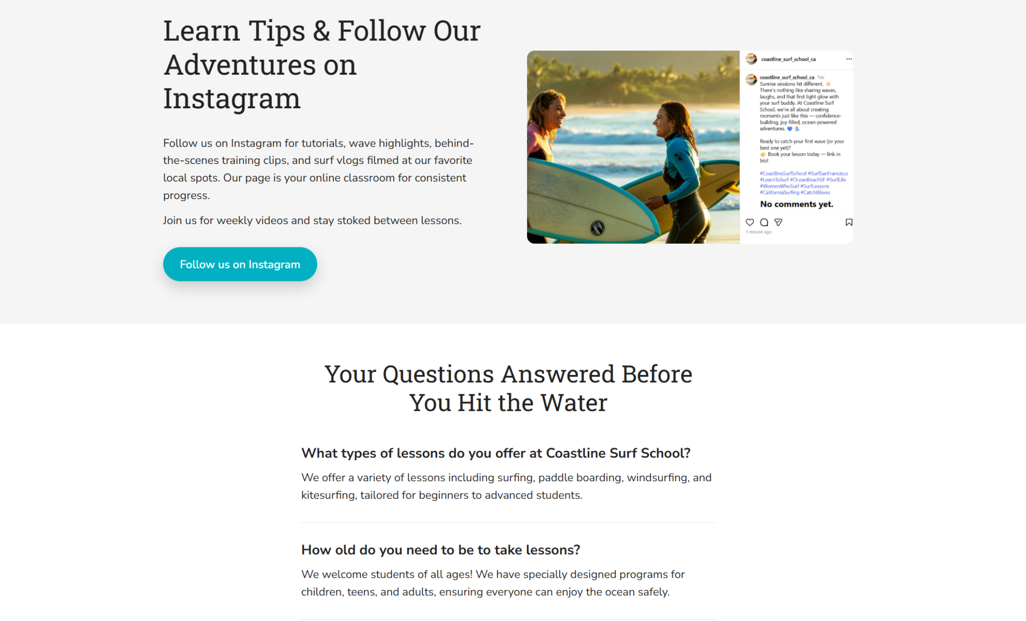 Coastline Surf School Instagram section featuring two smiling surfers in wetsuits carrying boards on the beach beside an embedded Instagram post and the headline ‘Learn Tips & Follow Our Adventures on Instagram.’