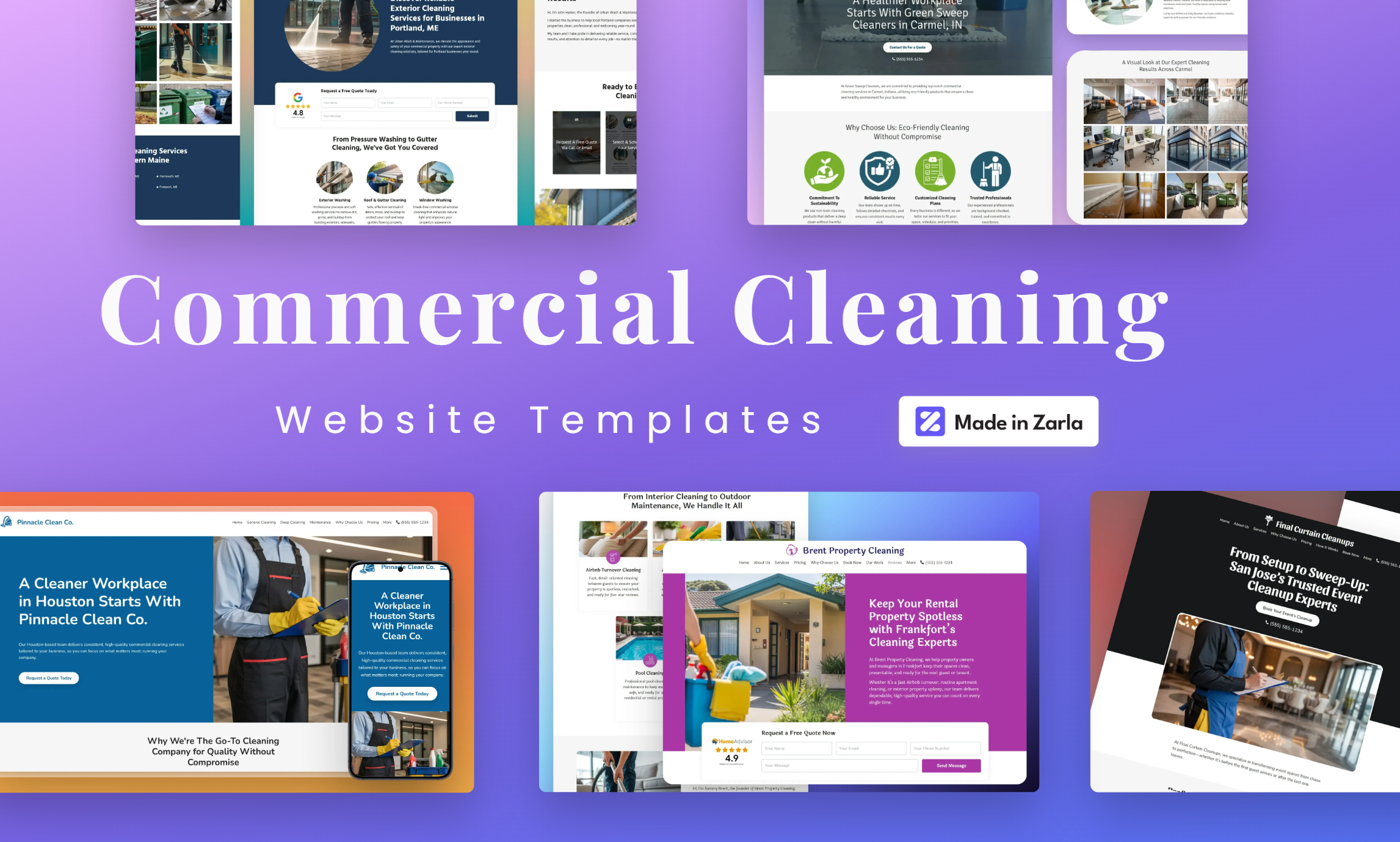 Collection of commercial cleaning website templates created with Zarla