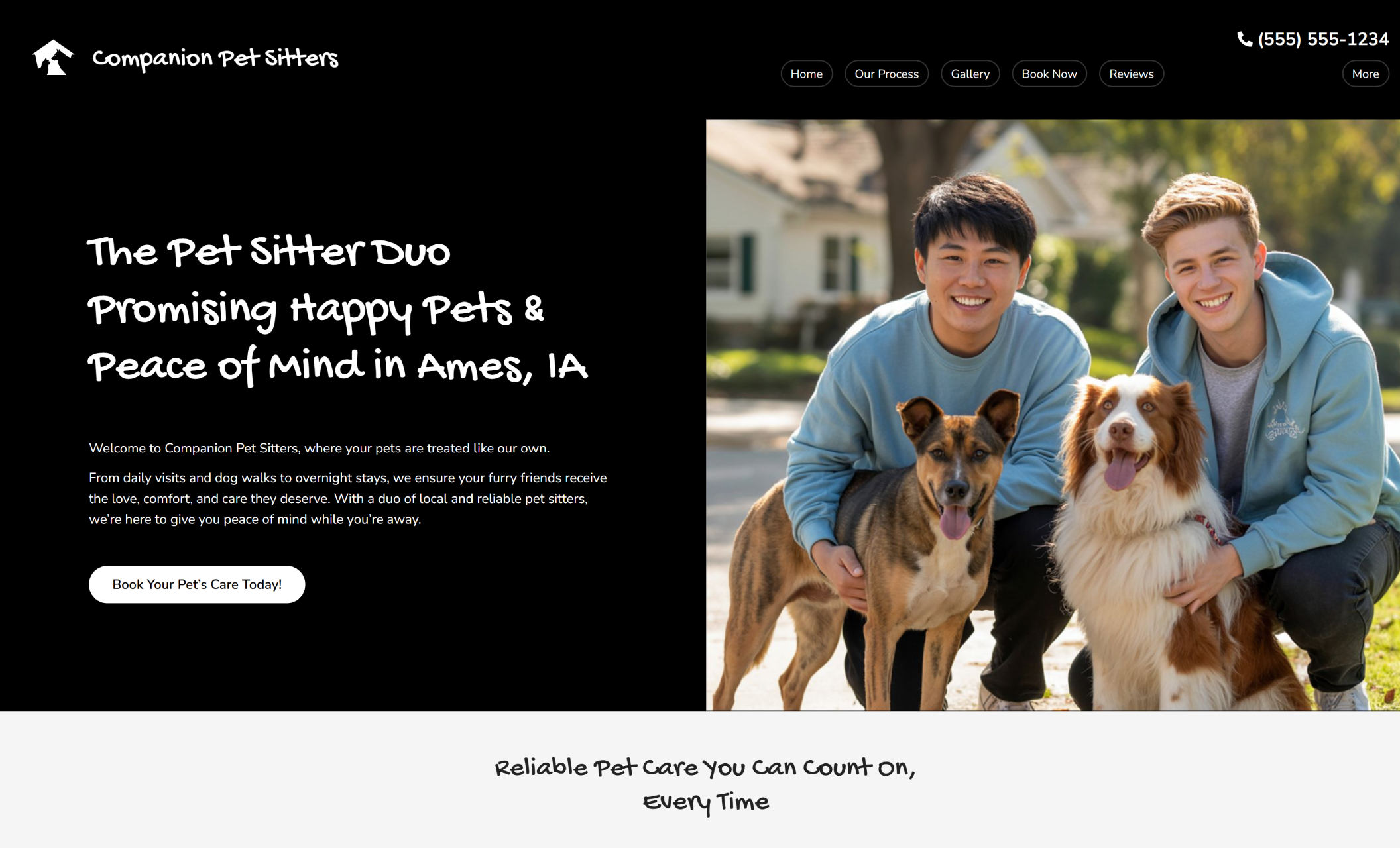 Companion Pet Sitters homepage featuring two smiling sitters in matching blue sweatshirts with two happy dogs beside the headline “The Pet Sitter Duo Promising Happy Pets & Peace of Mind in Ames, IA.”