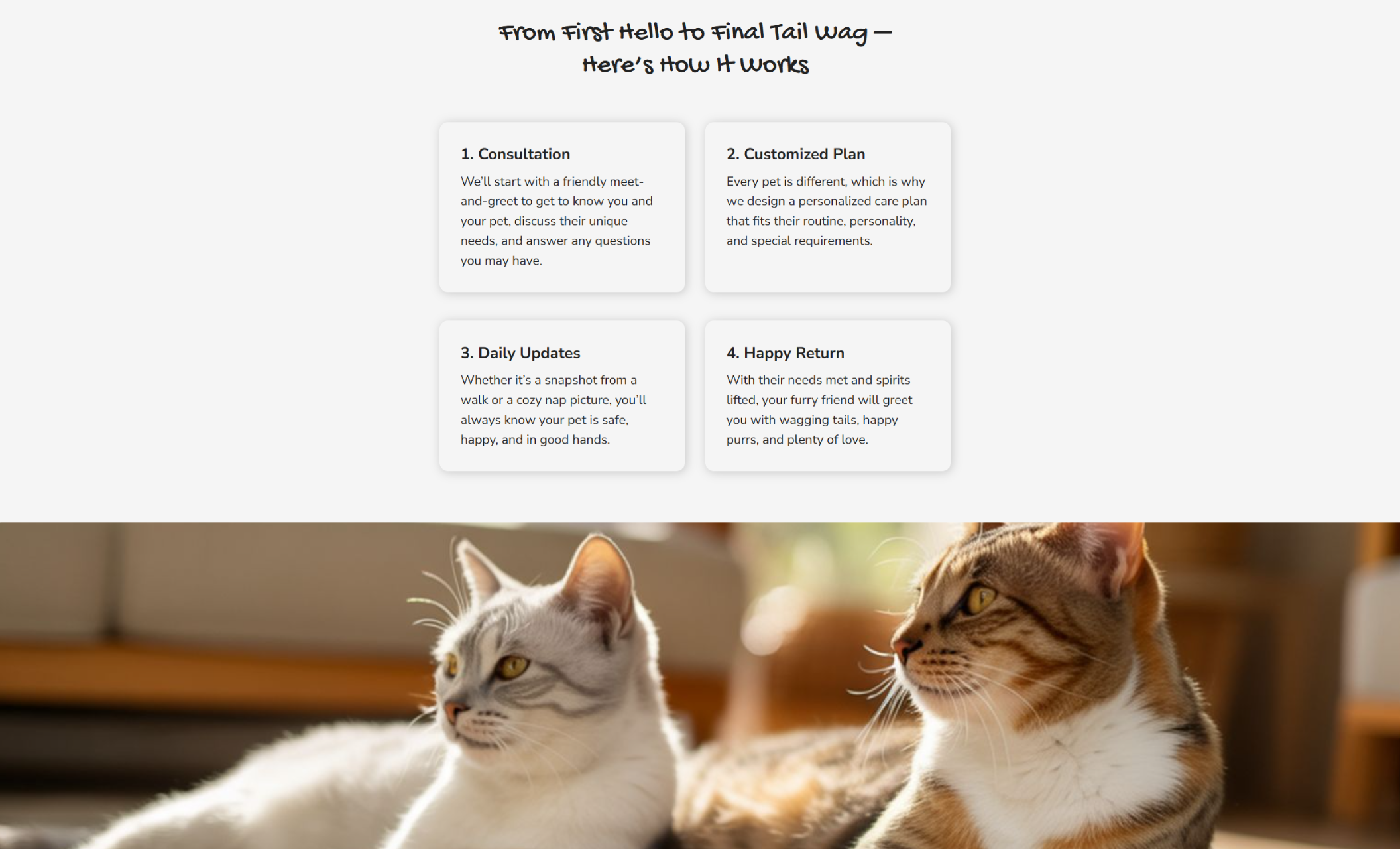 Companion Pet Sitters process section with four white boxes labeled Consultation, Customized Plan, Daily Updates, and Happy Return above a background photo of two relaxed cats