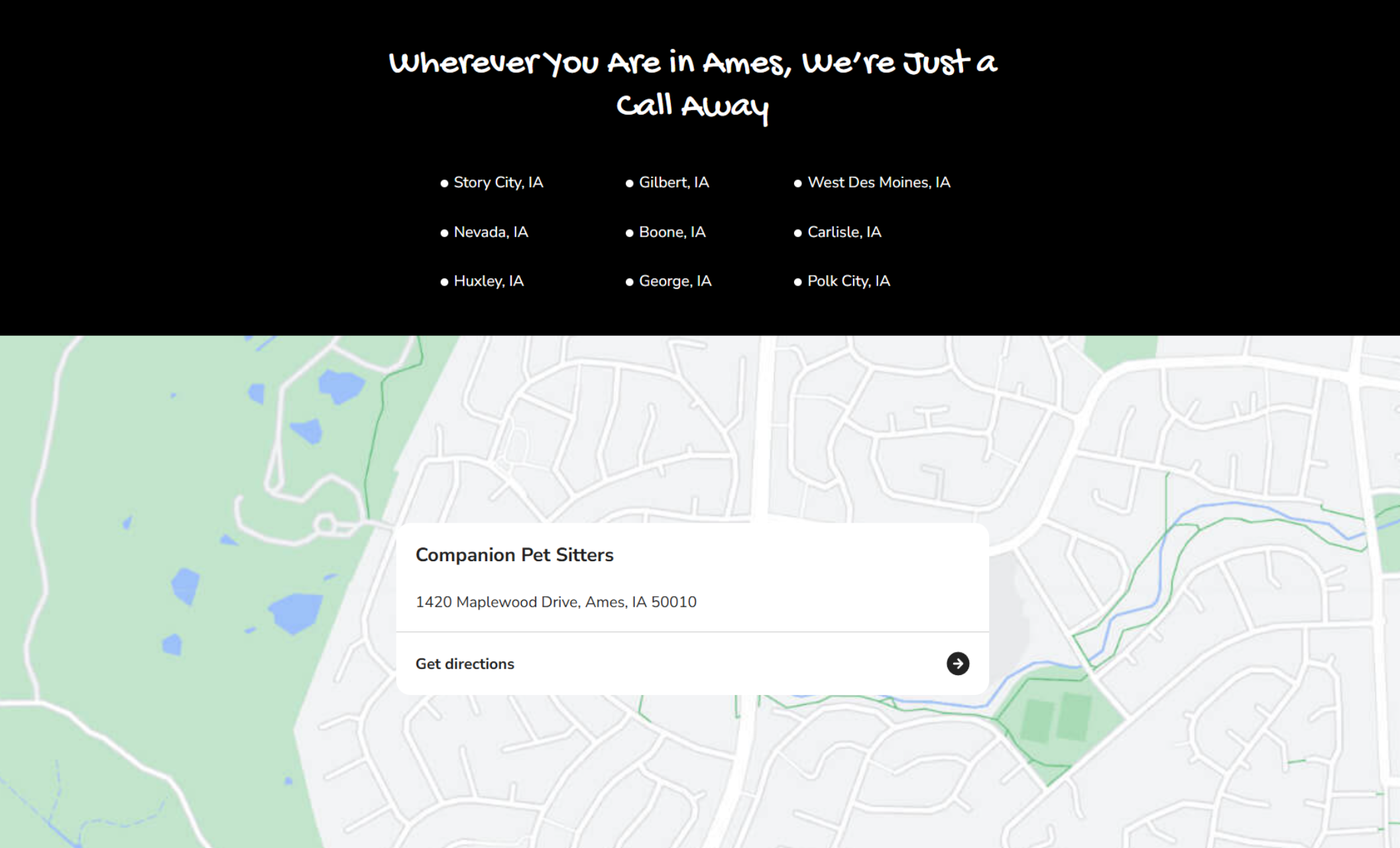 Companion Pet Sitters service area section showing a black background with listed Iowa cities above a map marked with the business address at 1420 Maplewood Drive, Ames, IA
