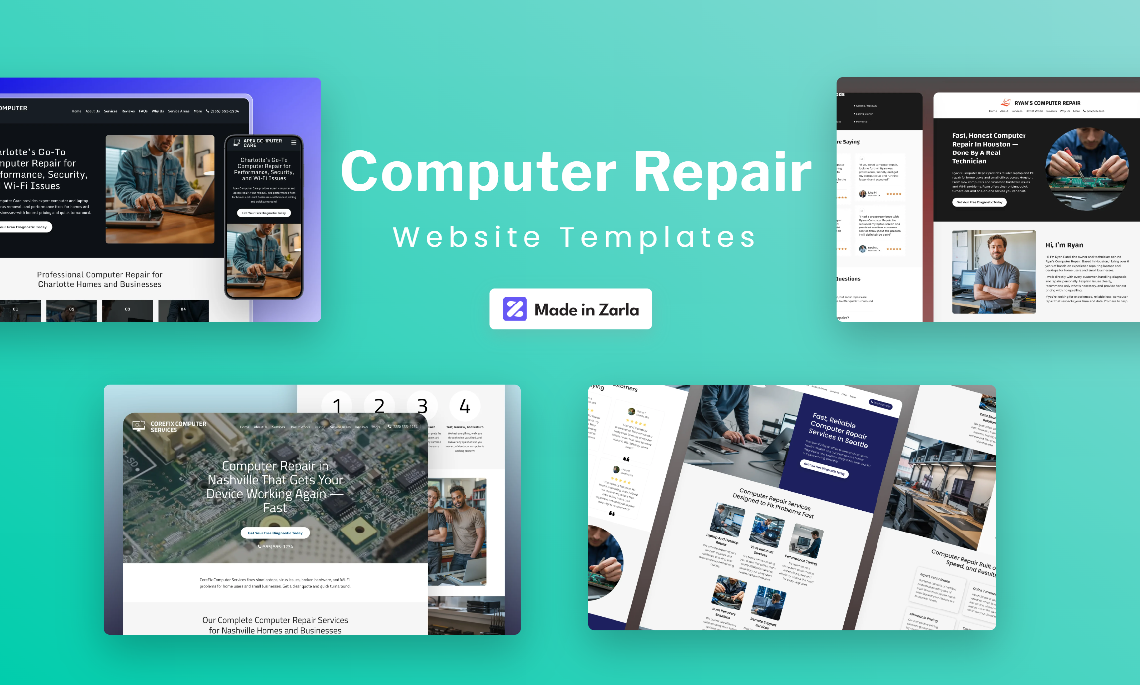 Collection of computer repair website templates created with Zarla