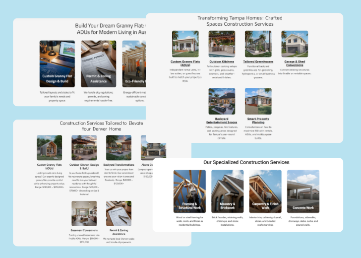 A collage of services section generated by Zarla showing different styles of service items, all having a picture, a title, and a brief description