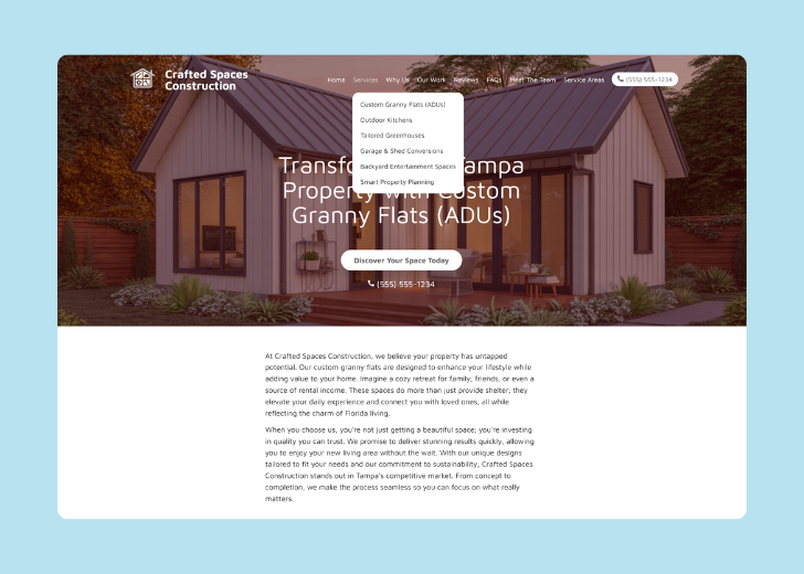 Spotless Touch landing page of a specific service titled 'Post Construction Cleaning' with a contact form on the side