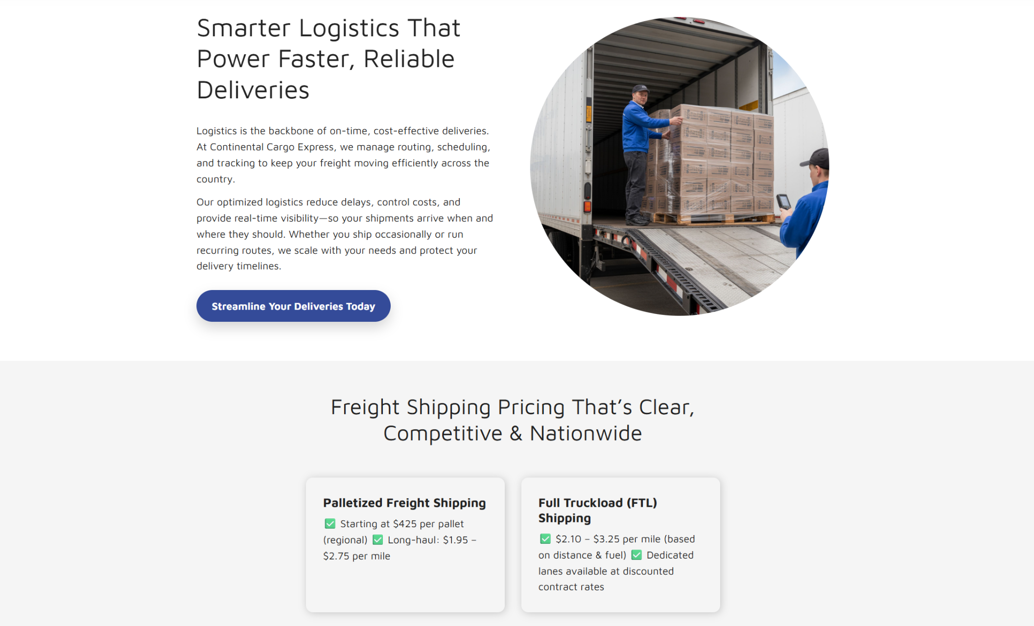 Continental Cargo Express content section showing a warehouse worker loading stacked pallets into a truck, paired with the headline “Smarter Logistics That Power Faster, Reliable Deliveries” and a blue call-to-action button
