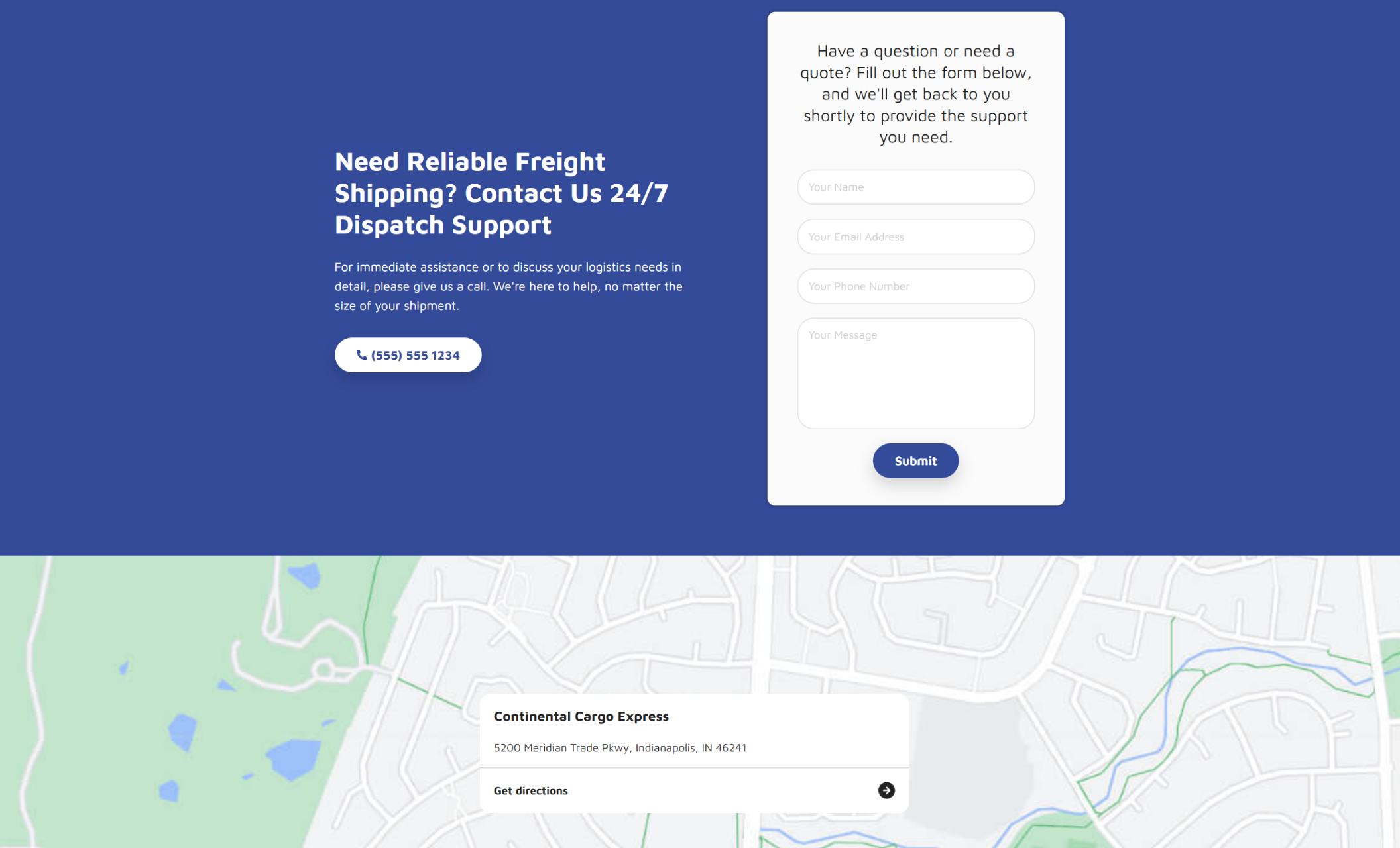 Continental Cargo Express contact section displaying a dark blue background with the headline “Need Reliable Freight Shipping? Contact Us 24/7 Dispatch Support,” alongside a white contact form with fields for name, email, phone number, and message