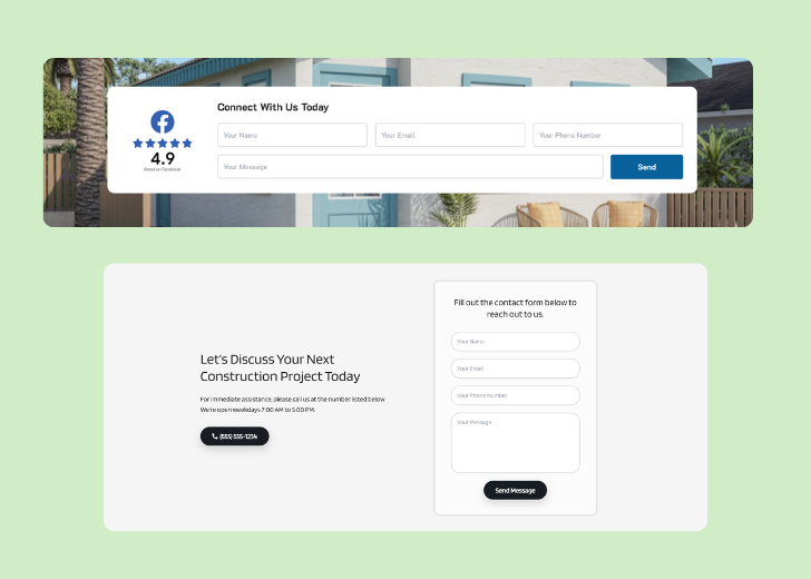 Screenshot of a contact form titled 'Get in touch' with a blue-colored primary button with a contact number, with input fields for Name, Email, and Message